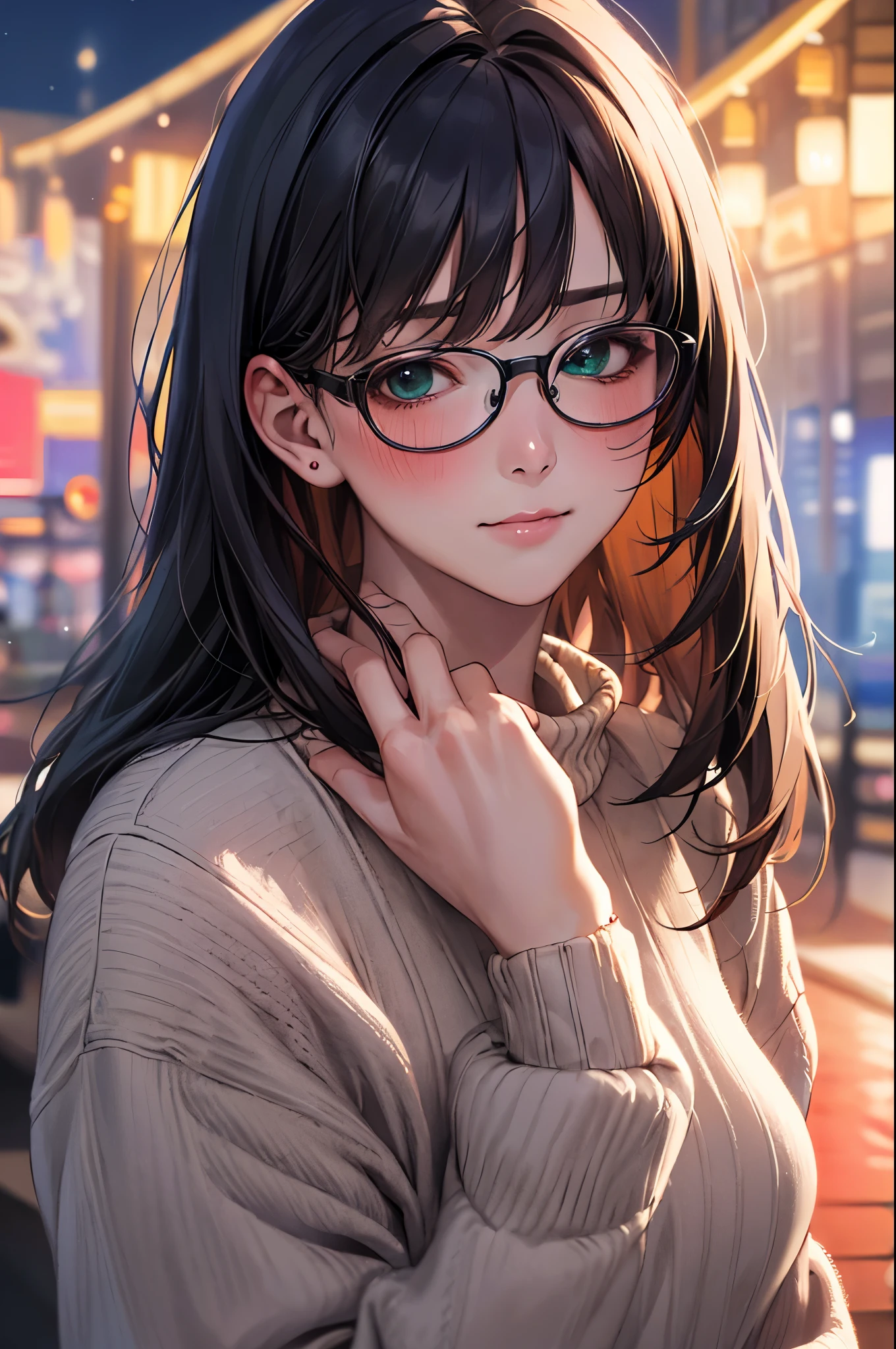 Pay attention to your audience、green eyes、東京のnight view、(highest quality、master masterpiece)))、HD fine、very detailed、master masterpiece、movie lighting、(8k、highest quality、master masterpiece:1.2)、(realistic、Photoreal:1.37) High resolution、Super detailed、woman wearing glasses、Silent expression、round glasses、Asian, cute, cute顔, alone, rough skin, Beautiful smile, Beautiful and detailed night sky, night view, movie lighting, Depth of written boundary, lens flare light、date、(blush your nose)、、(closed your mouth)small breasts、beautiful detailed eyes、(sweater:1.1)