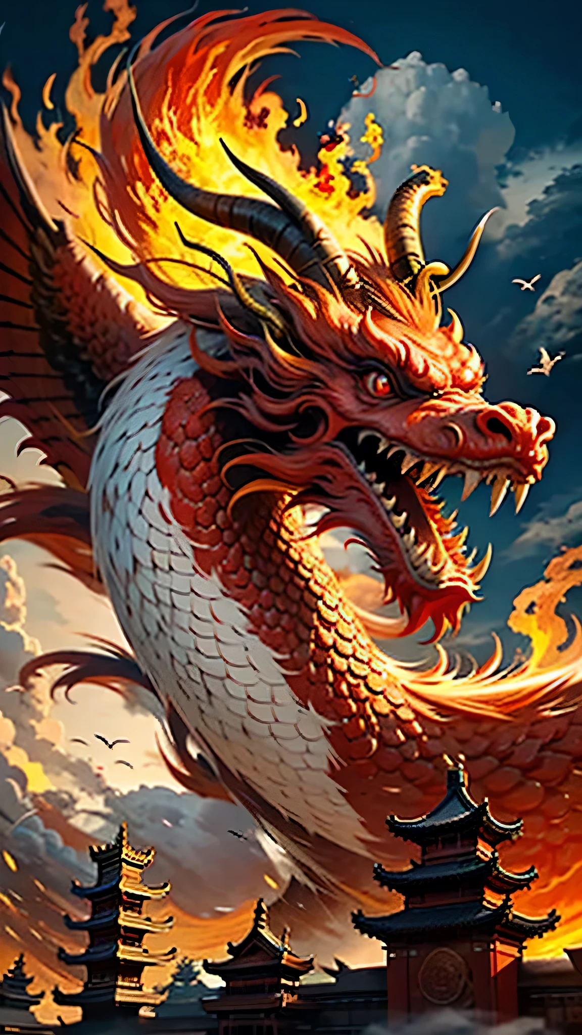 best quality,masterpiece,ultra high resolution,nu no humans, (long:1.2),no humans, cloud, architecture, east asian architecture, red eyes, trumpet, open mouth, Sky, fangs, Oriental Dragon, cloudy Sky, teeth, flight, fire, bird, wing