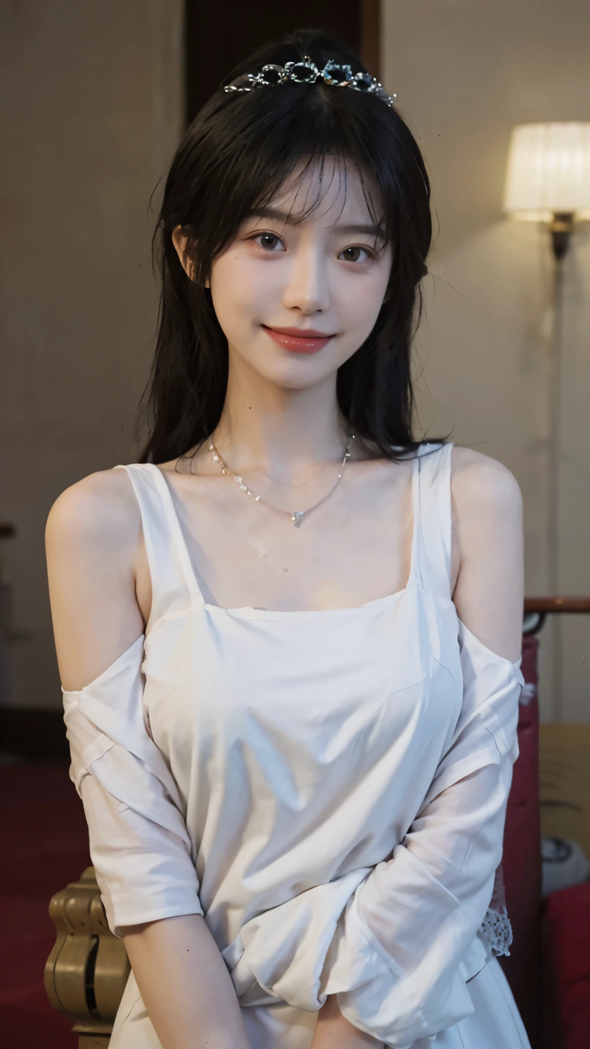 best quality， ultra high resolution， （realistically：1.4），cute hairpin，Baoyu Girl，Standing in the wedding hall，（flat chest：1.2） ，A pair of clear and charming peach blossom eyes,Royal sister，The sun shines on the face，Big wavy hairstyle，（necklace：1.2），（White skin：1.4），a sense of atmosphere，a beautiful girl， Smile，Looking directly at the viewer， Close-up cleavage ，(lifelike:1.4),1 girl,Sexy,(Upper body:1.4),(wet),(:1.2)
