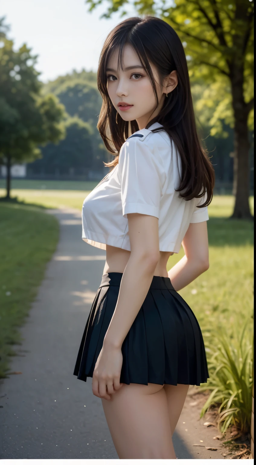 (highest quality:1.4), (hyper quality), (Super detailedな), 1 beautiful girl, (group of female high school students:1.3), Super cute, wonderful face and eyes, (Short-sleeved sailor suit made of thin white fabric), Black pleated micro mini skirt with low rise:1.1, (black pleated mini skirt:1.5), (Beautiful and incredibly big breasts:1.3), (The shape of the nipple protrusions through the uniform:1.4), (uniform is not exposed:1.2), (The fabric of the uniform is thin and the shape of her chest is clearly visible.:1.3), Realistic uniform wrinkles, (red ribbon:1.1), (underboob:1.1), (Massaging her breasts over her uniform:1.2), (slender body:1.1), (slender and long beautiful legs), (thin waist), real skin texture, crystal clear very white skin, (bangs:1.2), earrings, light makeup, (Don't look at me, look ahead), beautiful goddess advent, beautiful background, golden ratio, conceptual art, Super detailed, Accurate, advanced details, (walk along a path surrounded by fields:1.2), My chest sways, Super close, sexy art, (Under the summer sun), bright light, Super delicate illustration details, Highly detailed CG integrated 8k wallpaper, RAW photo, professional photos, cinematic lighting, Depth of the bounds written, No bra, (The nipple protrusions push up the uniform:1.2), (Sharp nipples through the uniform), cropped tops, High heels on bare feet, (back view, stick out your butt)