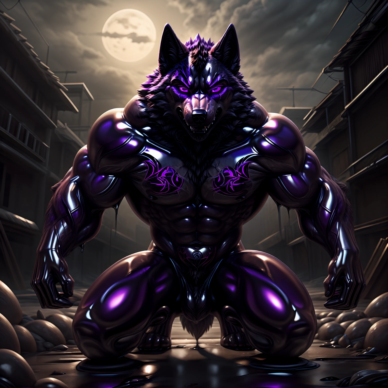 A muscular wolf, ((glowing purple eyes)), (((dark purple latex skin))), ((exposing himself)) in the slums under the light of a full moon. (((intense glowing purple tattoo)))), exposing its strength and power. ((((The wolf's body is covered in shiny latex)))). The atmosphere is mysterious and dark, with the slums providing a gritty backdrop. The high-quality, 4k resolution captures every detail of the wolf's muscular physique and the intricate pattern of its tattoo. The artwork is a masterpiece.
