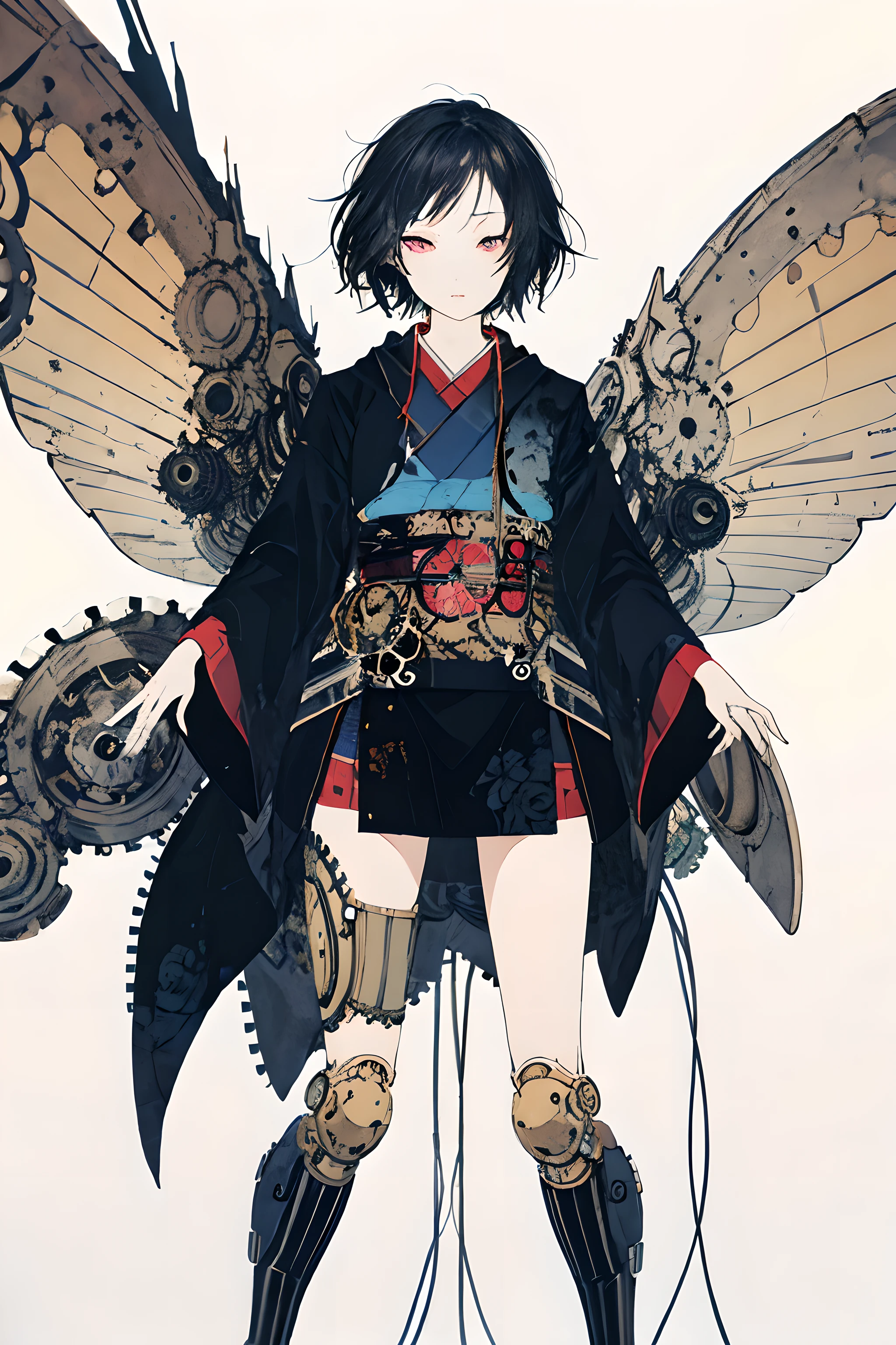 (best quality,4k,8k,high resolution,masterpiece:1.2),super detailed,(actual,photoactual,photo-actual:1.37),girl,Mechanical,Steampunk,Japanese ukiyo-e style,,Metallic,fluid motion,Stylish design,cybernetic enhancement,Beautiful gears and gears,Wires and circuits,intense gaze,bright colors,ethereal lights,Mechanical transformation,Mechanical limbs,futuristic cityscape,Mechanical flowers and plants,cold and distant expression,unforgettable beauty,Gorgeous kimono,translucent Mechanical wings,Mechanical butterflies,glowing eyes,A fusion of traditional and modern elements,meticulous artistry,precision engineering,Meticulous details,industrial aesthetics,Movements are elegant and calm,Seamless integration of humans and machines,otherworldly existence,White background,best details,超high resolution