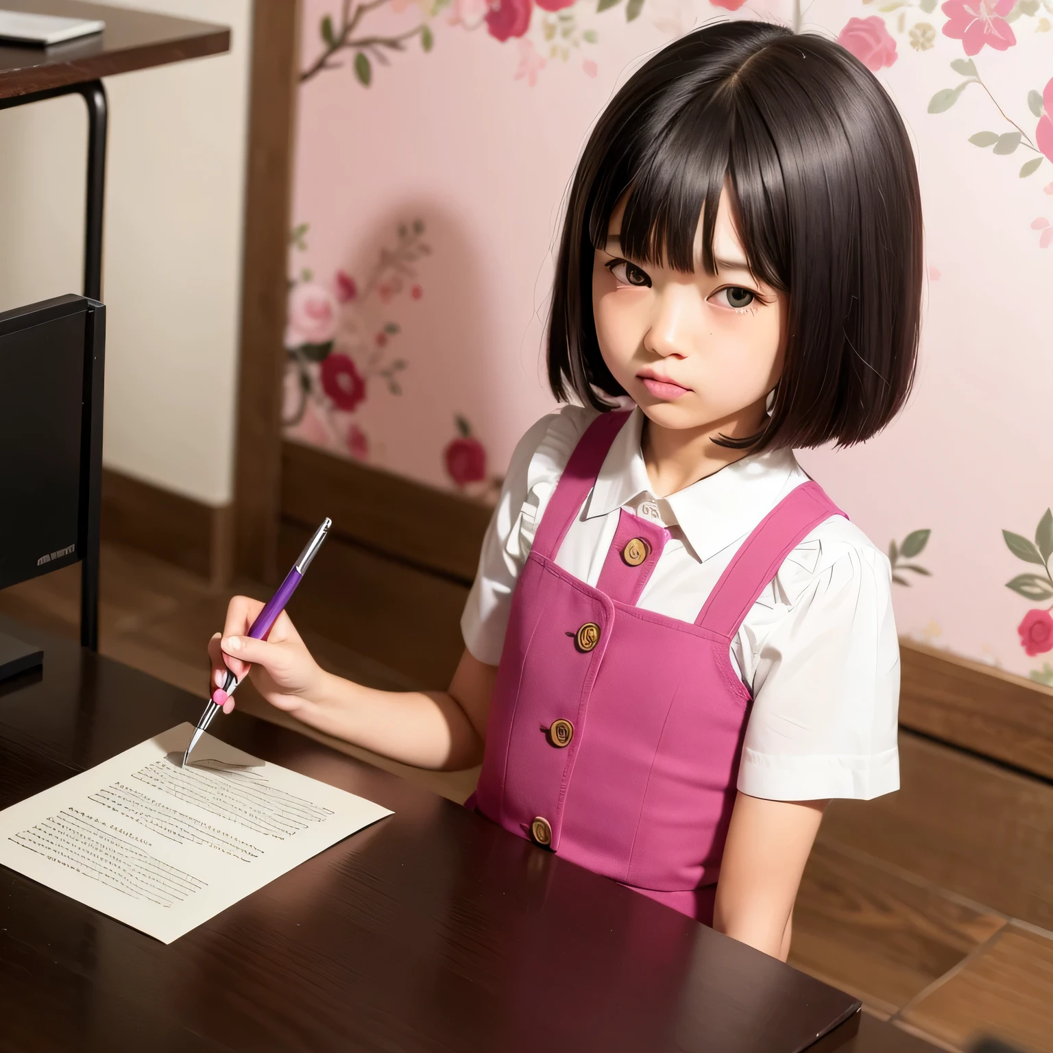 A  is writing a letter at his desk..、realistic pictures ,masterpiece, highest quality、Spreading black hair、bob cut with trimmed ends、(flat chest)、girl&#39;my room、flower wallpaper、10 years old、pink and purple fiece costume、see letter、