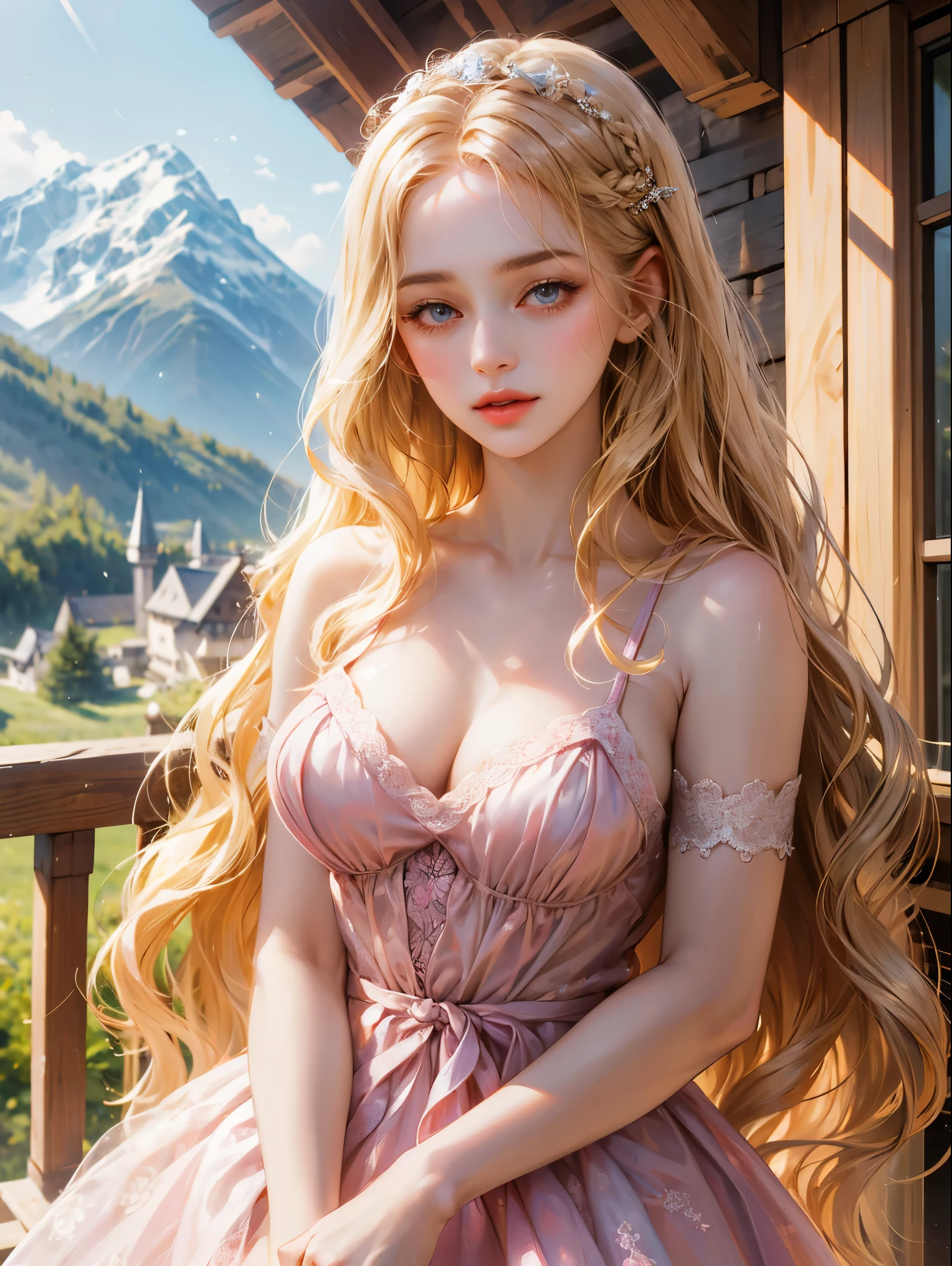 A girl, long blonde, wavy hair, no bangs and grey eyes. Medium breast. she is wearing a pink sundress, beautiful girl, detailed eyes, detailed face, detailed hands, she looks at the viewer. Full figure. Background mountain chalet