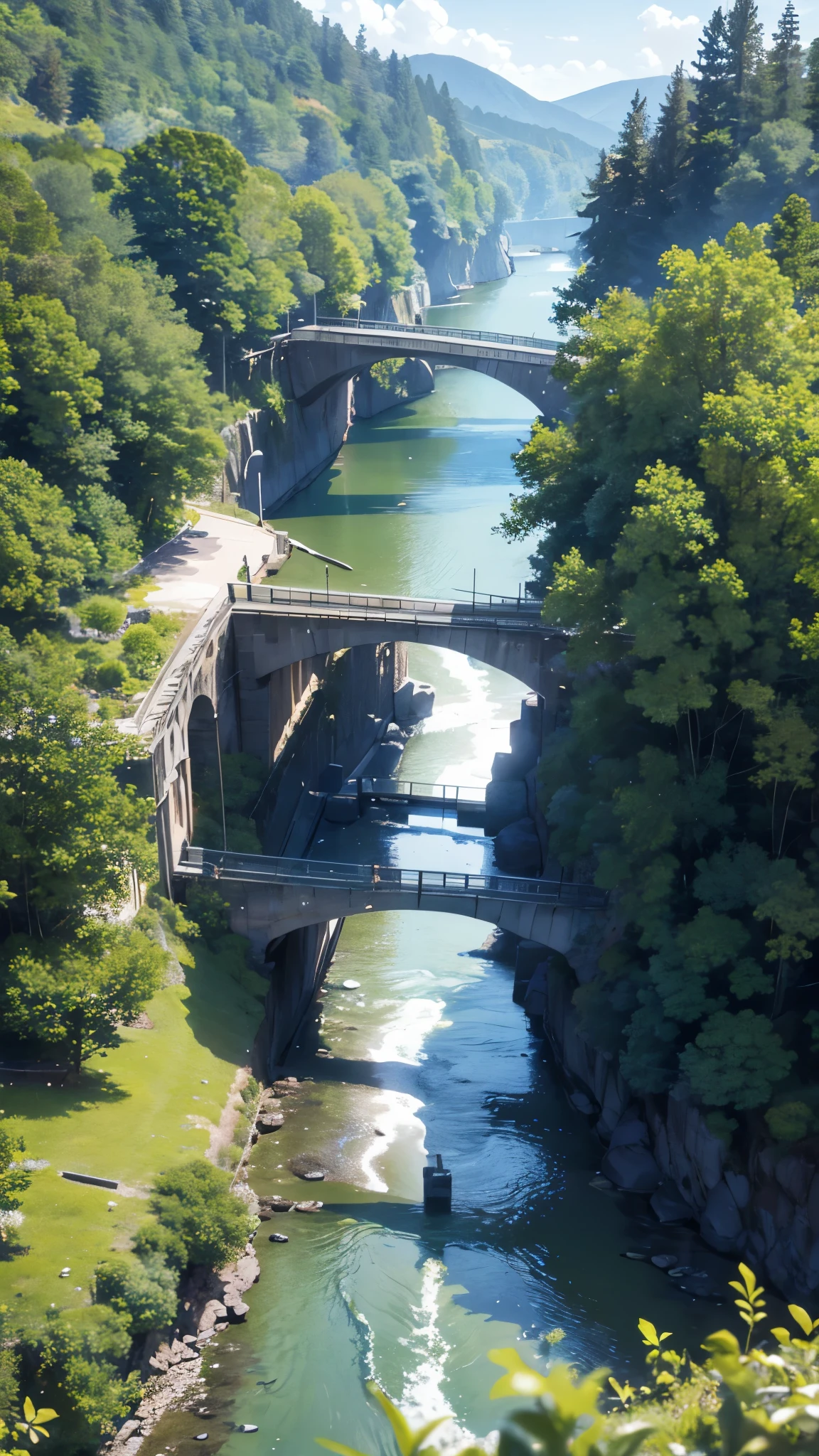 a river runs through a lush forest, flower, outdoors, sky, day, cloud, water, tree, blue sky, no humans, grass, building, nature, scenery, bush, house, path