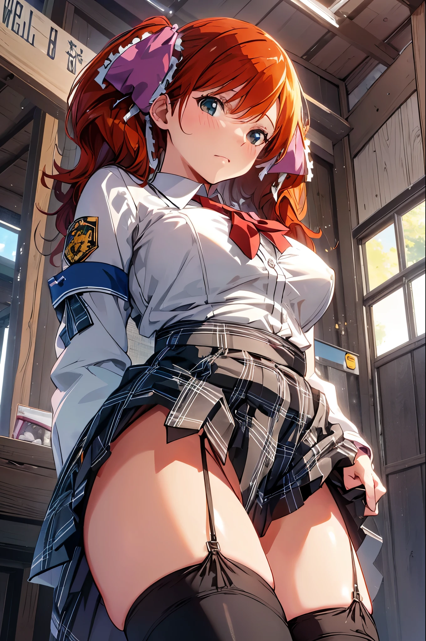 nsfw,(from below:1.5),curtsey,(skirt lift:1.5),panty shot,cowboy shot, alone, 1 girl, Asahina Yurina, curvy,naughty face, looking at the viewer, (twintails), orange hair,hair ribbon, school uniform, collared shirt, bow, plaid skirt, Thighhighs,((big breasts)),top-quality,Top image quality,perfect anatomy,masterpiece,ultra-detailliert,Beautiful、ultra-quality, best quality,high resolution, ultra-detailed,game cg,dutch angle ,beautiful detailed eyes, visualart,five fingers, perfect hands