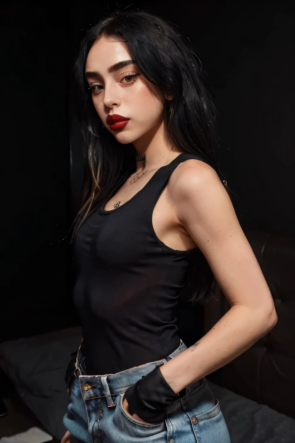 une femme, black tank top, pantalon en jean, dark red lipstick, nue avec les jambes écartées qui met son doigt dans le vagin
