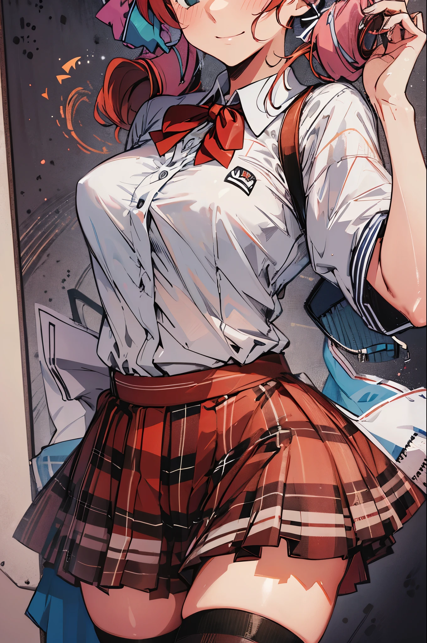 (masterpiece, highest quality:1.2), cowboy shot, alone, 1 girl, Asahina Yurina, smile, looking at the viewer, (twintails), hair ribbon, school uniform, collared shirt, bow, plaid skirt, Thighhighs,(big breasts),