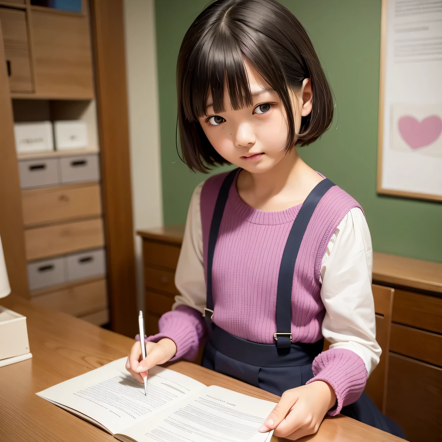 A very elementary school student is writing a letter at his desk..、realistic pictures ,masterpiece, highest quality、Spreading black hair、bob cut with trimmed ends、(flat chest)、girl'my room、flower wallpaper、10 years old、pink and purple frilled one-piece costume、see letter、Eyes in Love、Throb、cheeks are red、write a letter hard、seems to be happy、A letter with a red heart pattern on the desk