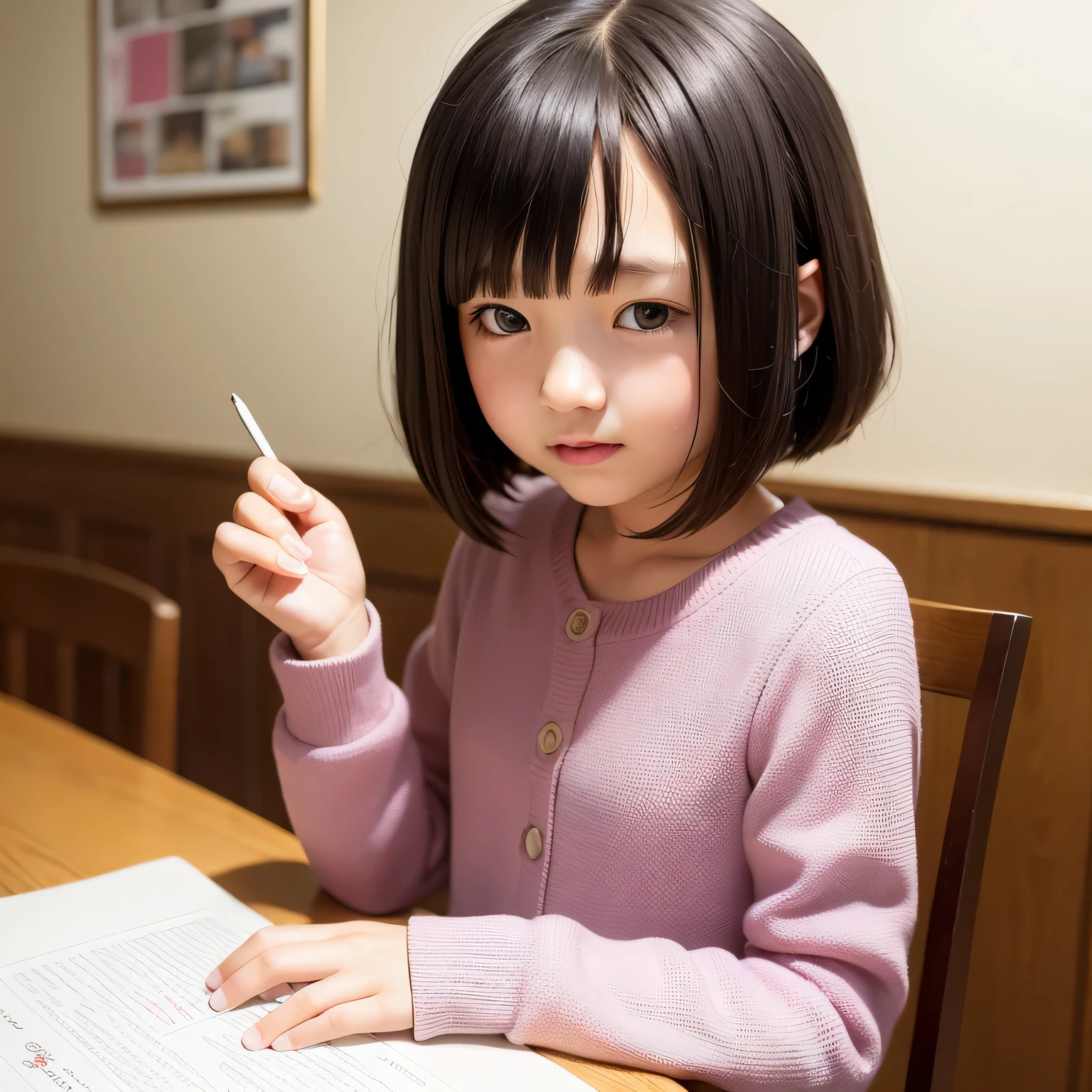 A very elementary school student is writing a letter at his desk..、realistic pictures ,masterpiece, highest quality、Spreading black hair、bob cut with trimmed ends、(flat chest)、girl'my room、flower wallpaper、、pink and purple frilled one-piece costume、see letter、Eyes in Love、Throb、cheeks are red、write a letter hard、seems to be happy、A letter with a red heart pattern on the desk