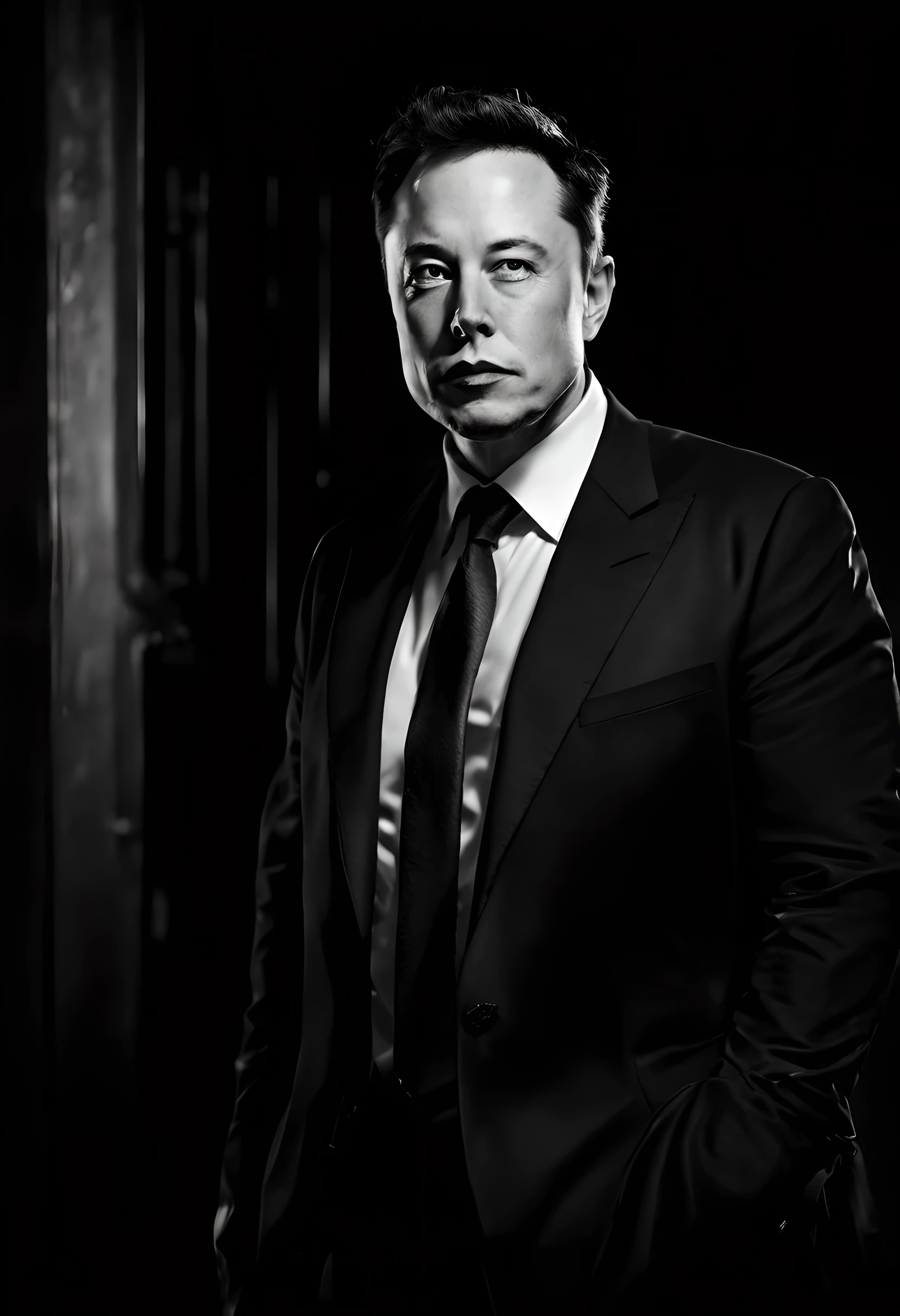 Elon Musk as a noir detective, photography, noir