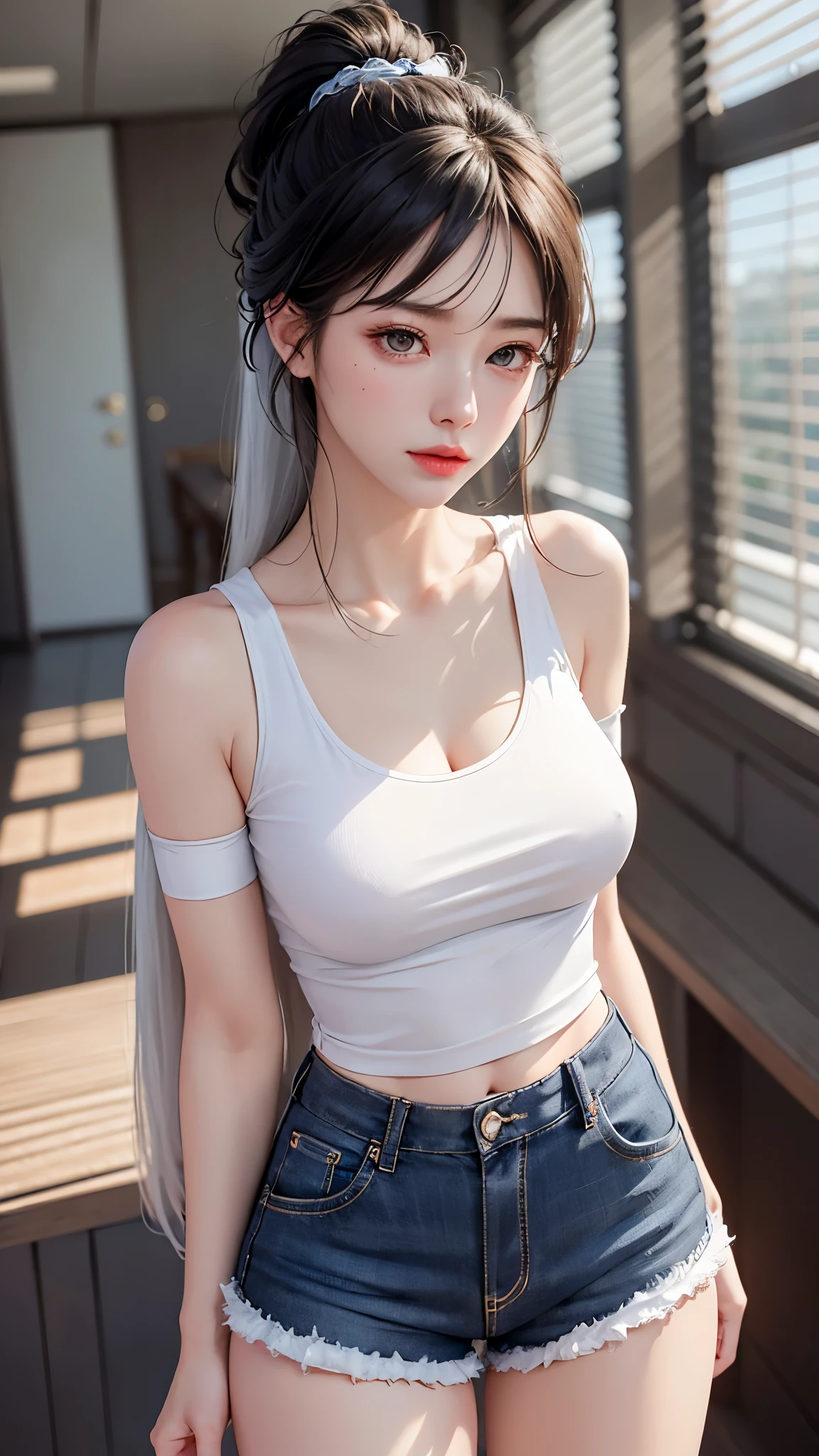 street, single ponytail, Side Mao Insult, high ponytail, tall figure, long legs, (sleeveless lace shirt), (shorts), (striped )), ((striped )), walk, elegant, dignified, feminine, Beautiful curves, sweet smile, Strong sense of detail and layering, Rich and gorgeous colors, Has a unique texture, colorful, Color harmony, vivid, design art, 16k, super detailed, {{illustration}}, {extremely delicate and beautiful}, {Sophisticated finish}, Super detailed, Exquisite glowing eyes, {{movie lighting}}, Extreme light effects, Model: realism, CFG scale: 12, lola: Bright texture (1.35), high quality, masterpiece, Exquisite facial features, Delicate hair depiction, Delicate depiction of eyes, masterpiece, best quality, Ray tracing, Extremely detailed CG unified 8k wallpaper, masterpiece, best quality, (1 girl), perfect female figure, (((tight white t shirt))), beautiful eyes, (delicate face), short black hair, hair tied up, Light blue hairpins, black silk frame glasses, in the classroom, (White skin), (best lighting), (Super intricate details), 4K unified, (super detailed CG), Showing white legs, , hot pants, shorts,