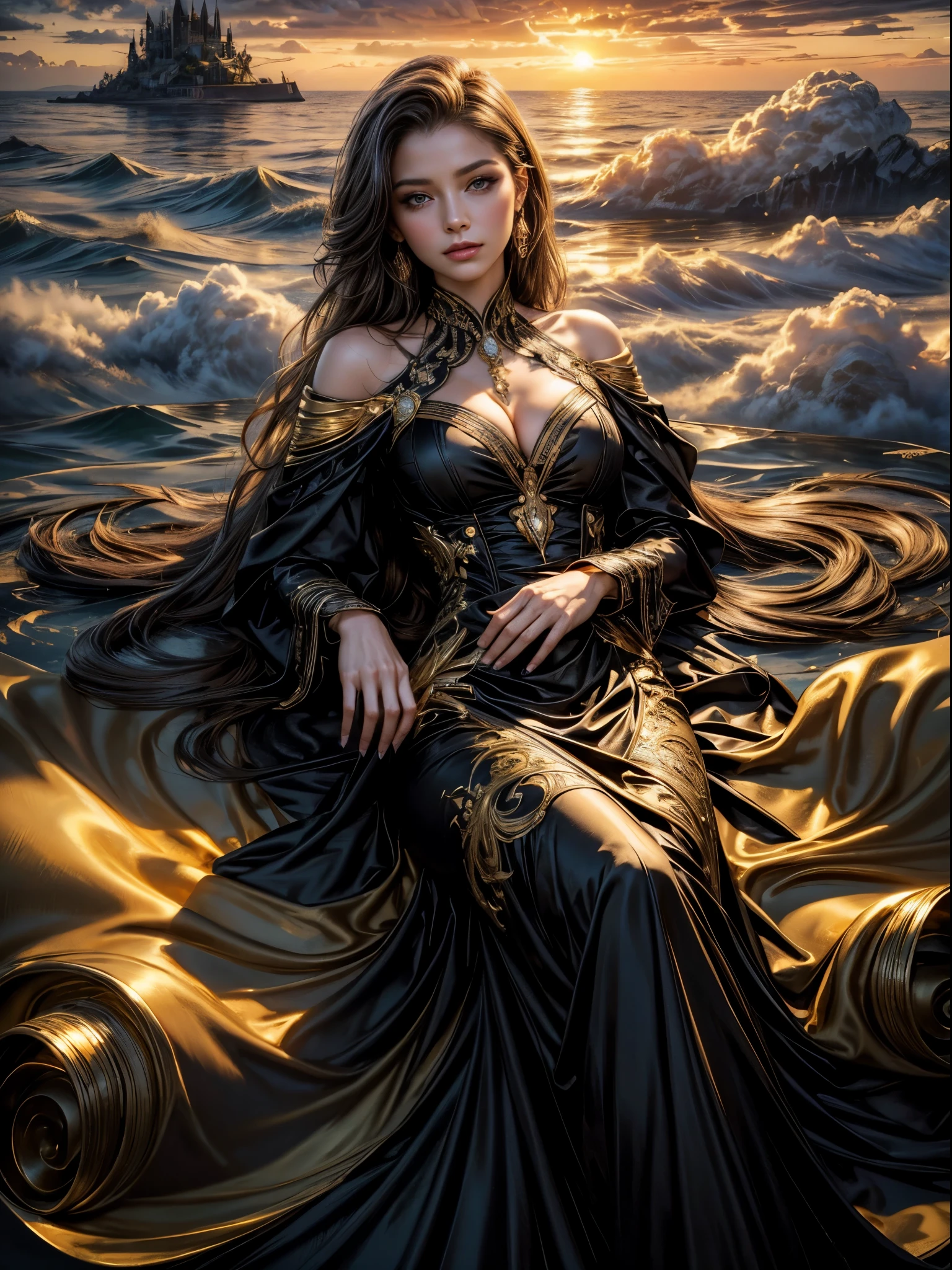 Highest Quality, masterpiece:1.2, Highly detailed, 1 realistic woman, wearing elegant black and gold dress, (floating in the clouds, surrounded by clouds), laying back, relaxed expression, sunrise sky background
