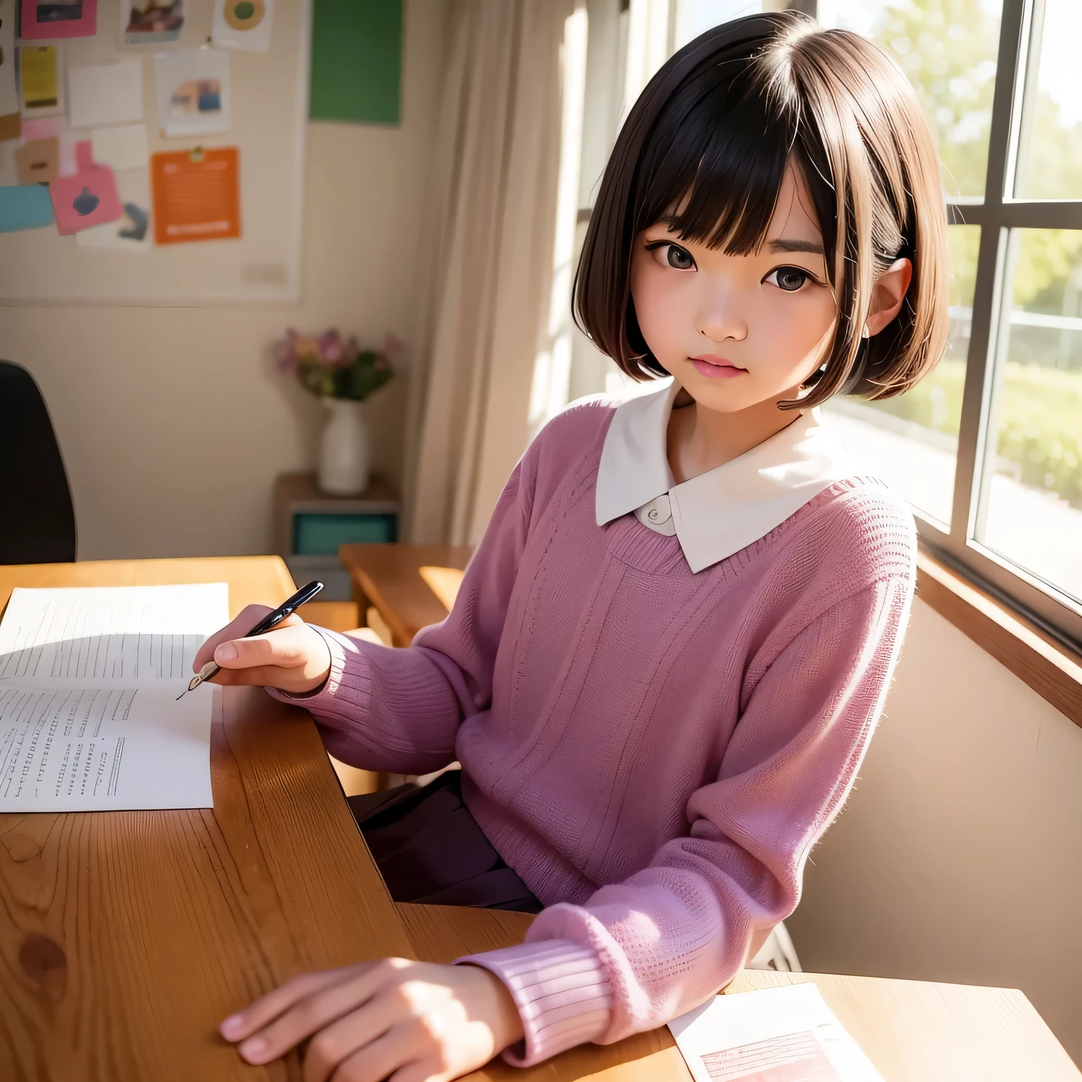 A is writing a letter at his desk..、realistic pictures ,masterpiece, highest quality、Spreading black hair、bob cut with trimmed ends、(flat chest)、girl'my room、flower wallpaper、10 years old、pink and purple fiece costume、see letter、Eyes in Love、Throb、cheeks are red、write a letter hard、seems to be happy、A letter with a red heart pattern on the desk