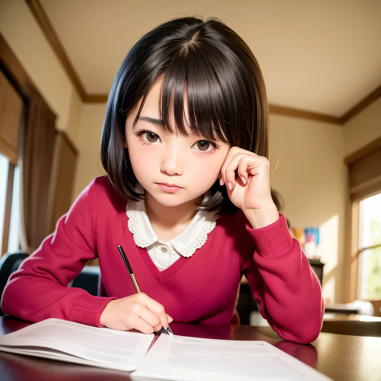 White Room，White windows，There was a young girl sitting at the table，Hold a book and pencil, two pigtails hairstyle, with black pigtails, kids drawing, braid hairstyle，Natural fingers。holding a pen，