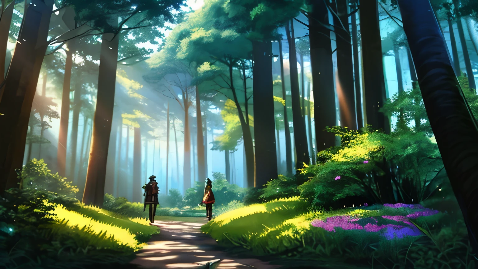 Anime scene with a man and a woman in the forest, Elf forest background, 2. 5d cgi anime fantasy artwork, steampunk forest background, Anime Landscape Concept Art, Detailed digital 2D fantasy art, fairy tale kingdom forest, anime background art, anime lush john 8k forest, Magic fantasy 2D concept art, Epic RPG Artwork, Role playing game background, Role playing game scene