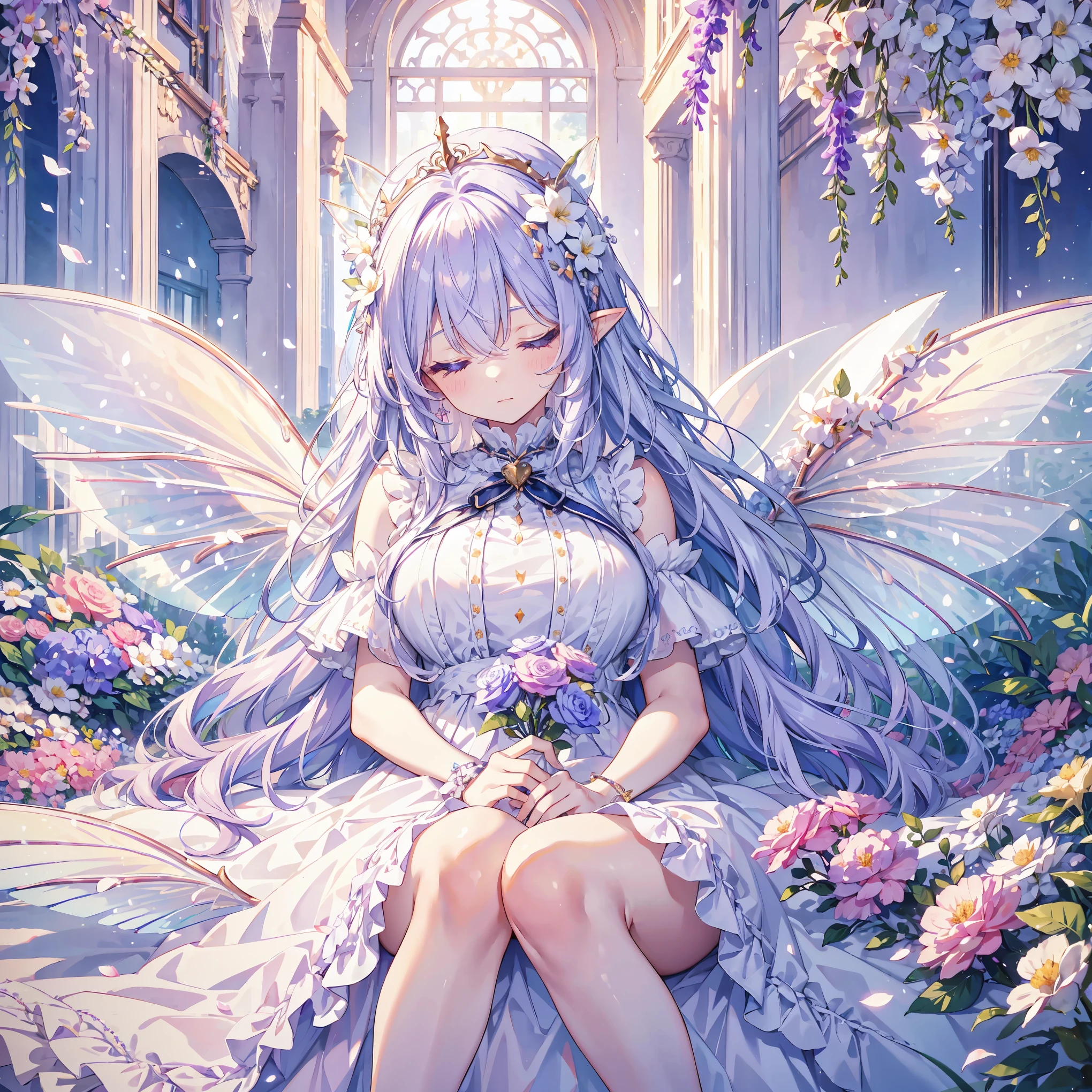 best quality, insanely detailed, beautiful, exquisite, 16K, Full-HD, ((sleeping)),(sleeping in bed),absurdres,(flower garden,sleep on your side),((Fluffy layered dress that sparkles)),A large and beautiful dress inspired by rose flowers, Hanabubuki,The screen is surrounded by flowers,frills,Intricate billowy ball gown with rhinestones,(art station, fantasy art:1.2), pastel colour,((giant white fairy wings:1.5))、gradient hair, light blue hair, wavy hair,fluffy hair,tiara,anklet,lavender eyes, long eyelashes, beautiful purple eyes,light pink cheek,pointy ears, golden hour, shining light, warm lighting,bright light,romantic light