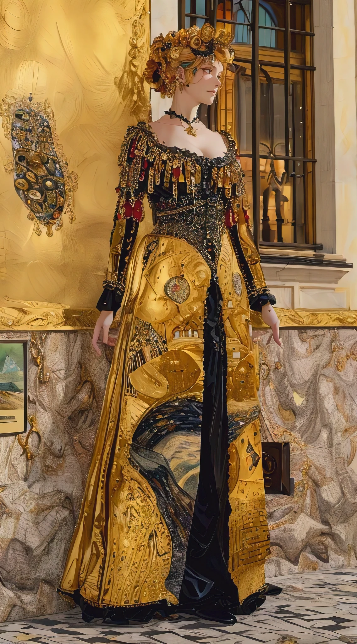 gustav klimt, vivienne westwood, (best quality,4k,8k,highres,masterpiece:1.2),ultra-detailed,(realistic,photorealistic,photo-realistic:1.37), portraits, landscape, gold accents, luxurious fabrics, intricate patterns, glamorous fashion, elegant poses, vibrant colors, natural lighting