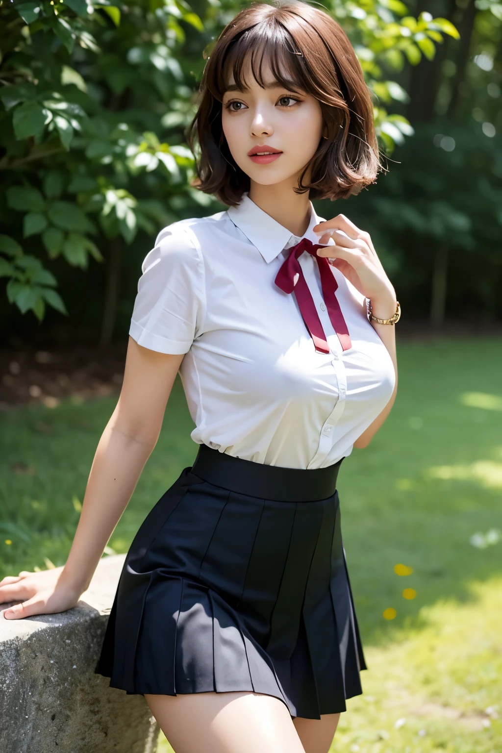 NSFW, 8k original photo, best quality, masterpiece, ultra high resolution, film grain, Movie, 1 girl, looking at the audience, natural skin texture, Realistic eyes and facial details, full lips, lipstick, (cosmetics), red eye shadow, fluffy short hair, messy hair, Smile, shut up, beautiful leg, tall girl, skinny, Slim_leg, alone, huge breasts, split, Position your hips toward you, miniskirt, yes, shirt, beautiful natural location, Around the flower location, (Detailed background), lattice skirt, white shirt, huge breasts, split, Show a little split through the shirt, Loafers, vague background, vague, Keep, lattice, short sleeves, jk ribbon on the neck, jk ribbon, brown hair, bracelet, water, Bangs, Uniforms, jewelry, parted lips, lips, from the side, pleated skirt, depth of field