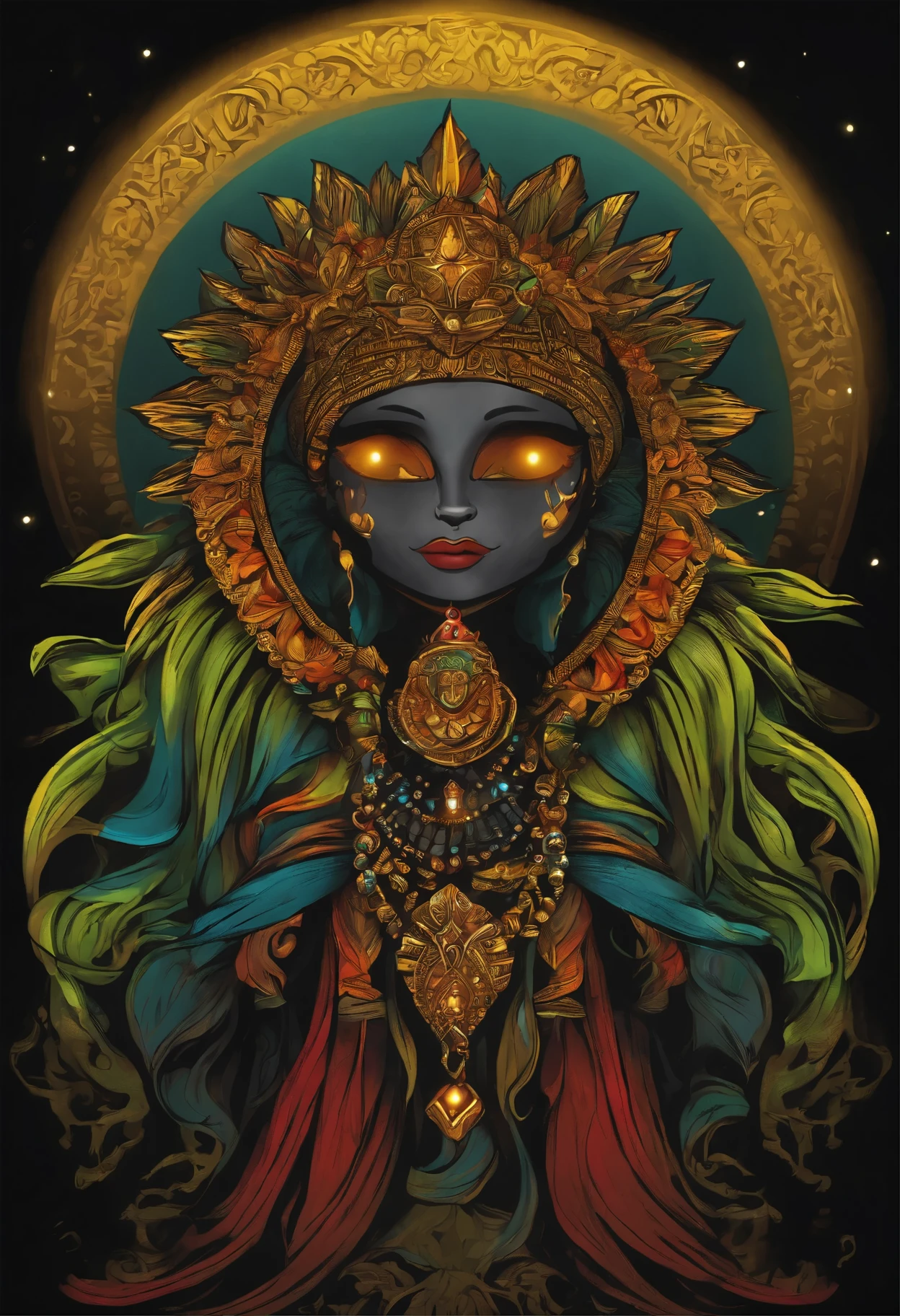 t-shirt art, 2D, ((black background :1, 5)), vector, vivid colors, chibi rasta outfit character, masterpiece, best quality, intricate details, perfect symmetrical face, realistic details, gothic theme, rim light, moonlight, cinematic shading, Greg Rutkowisk