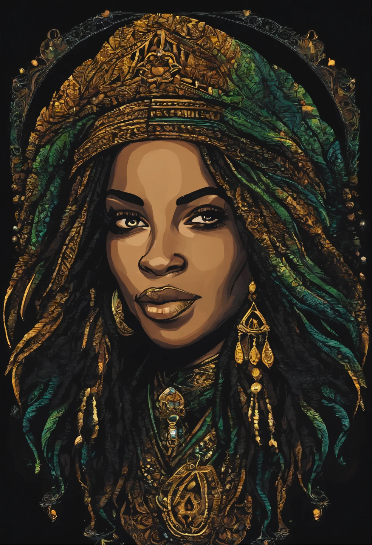 t-shirt art, 2D, ((black background :1, 5)), vector, vivid colors, chibi rasta outfit character, masterpiece, best quality, intricate details, perfect symmetrical face, realistic details, gothic theme, rim light, moonlight, cinematic shading, Greg Rutkowisk