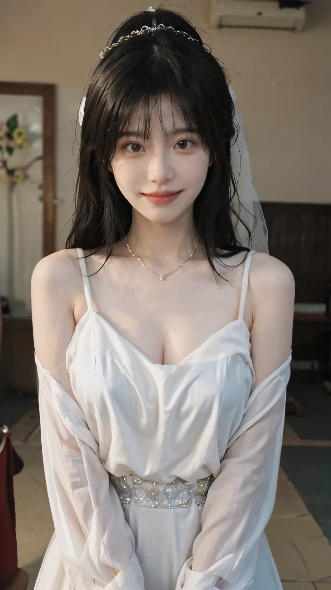 Masterpieces: 1 girl.2 girls, best quality), realism, (real pictures, rich detail details, depth of field), (1 girl called girl, solo), makeup, high detail, perfect face shape, (: 1 girl.4 pcs.), (skin dents), thick thighs, wide hips, thin waist, high, coral, red lips, red eyes, ponytail (girls, shallow tulle, tulle transparent), (sweat: 1 girl.2 girls), (wet), sexy, blush, (shy expression), yellow petal clothes, shirt, stockings,
