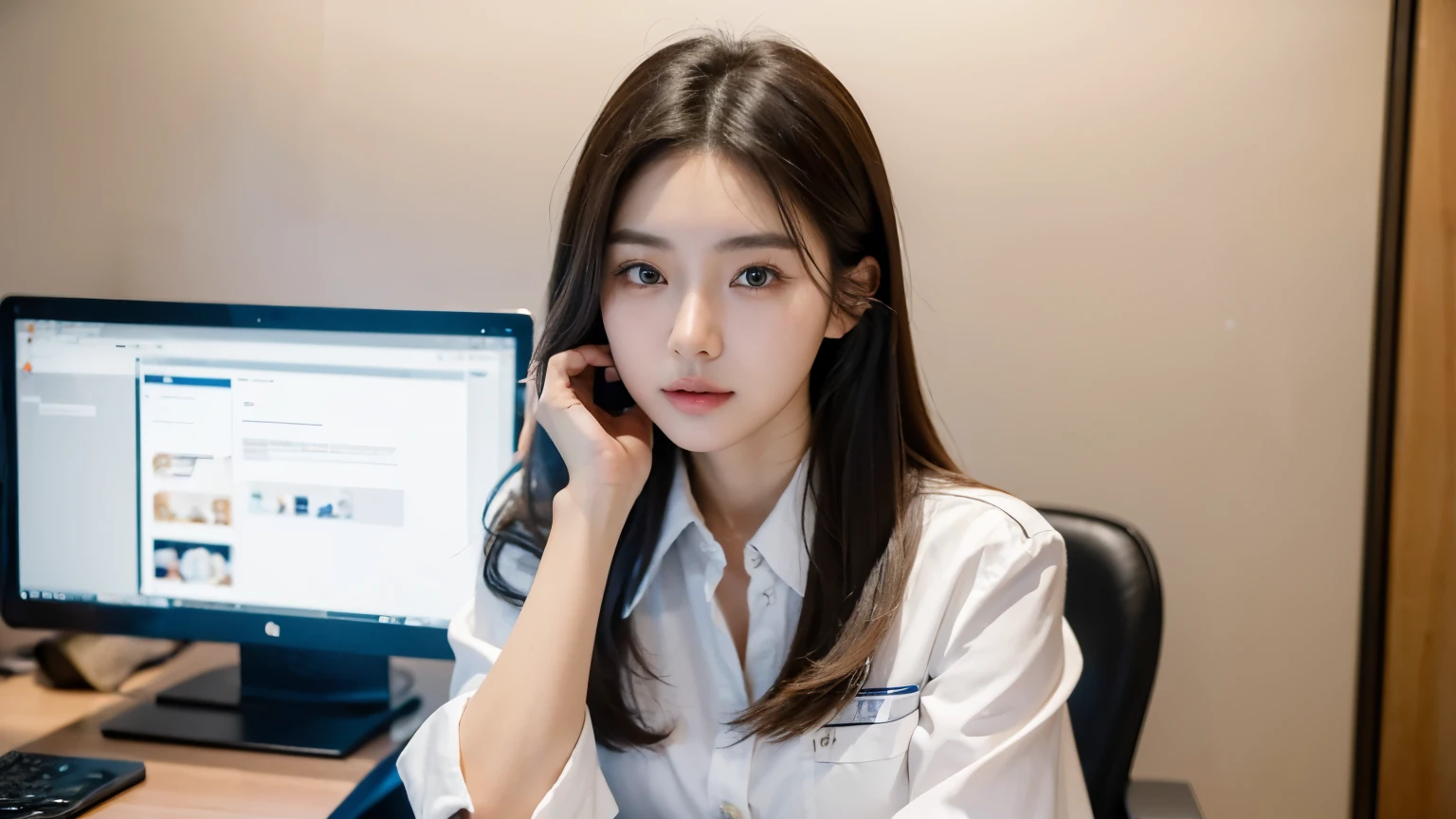 ((highest quality)), ((masterpiece)), (be familiar with), perfect face, A 26-year-old model-like beautiful Japanese office lady working with colleagues around her in the office., Work in a stylish office in the city