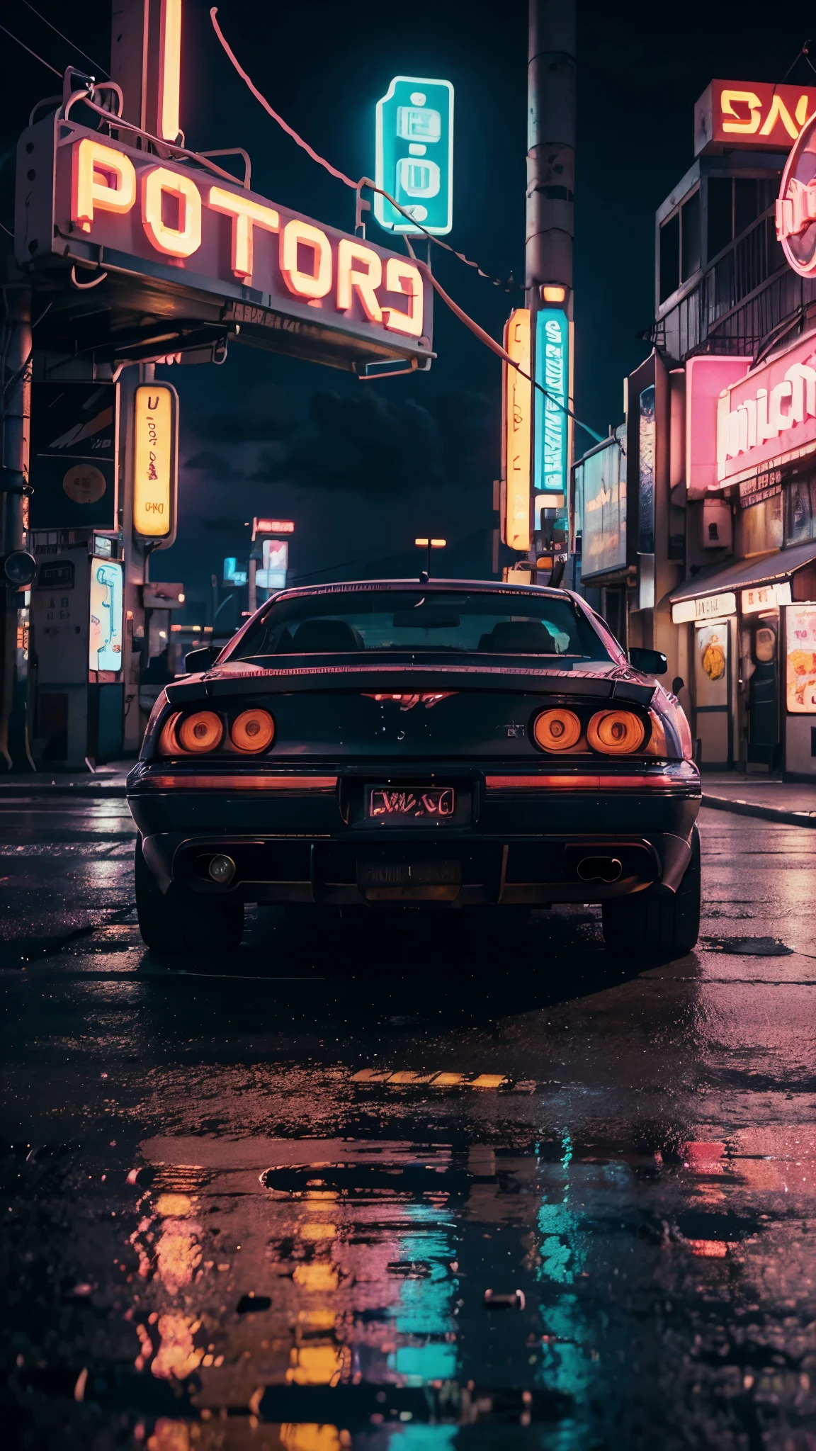 a close up of a car parked in front of a neon sign, cyberpunk art inspired by Mike Winkelmann, trending on Artstation, fantastic realism, art deco outrun anime aesthestic, synthwave neon retrofuturism, vaporwave mansion, miami synthwave, cyberpunk vaporwave, synthwave aesthetic, epic retrowave art, 80s style synthwave