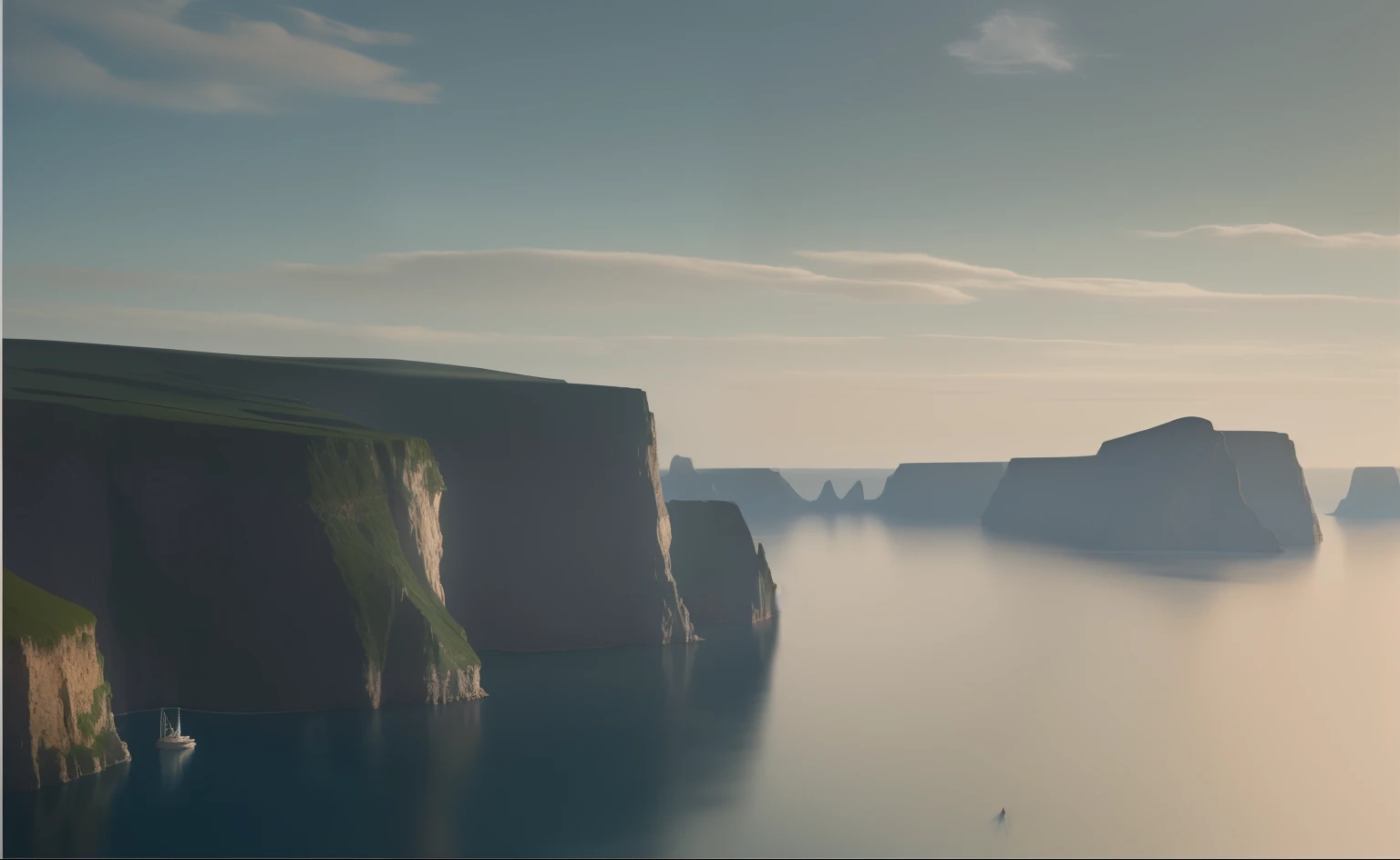 there is a boat that is floating in the water near a cliff, epic matte painting of an island, 8k matte painting, 8 k matte painting, sheer cliffs surround the scene, 3d rendered matte painting, symmetric matte painting, optimistic matte painting, fjord, epic matte painting, photorealistic matte painting, a matte painting, exquisite matte painting, matte painting scenery