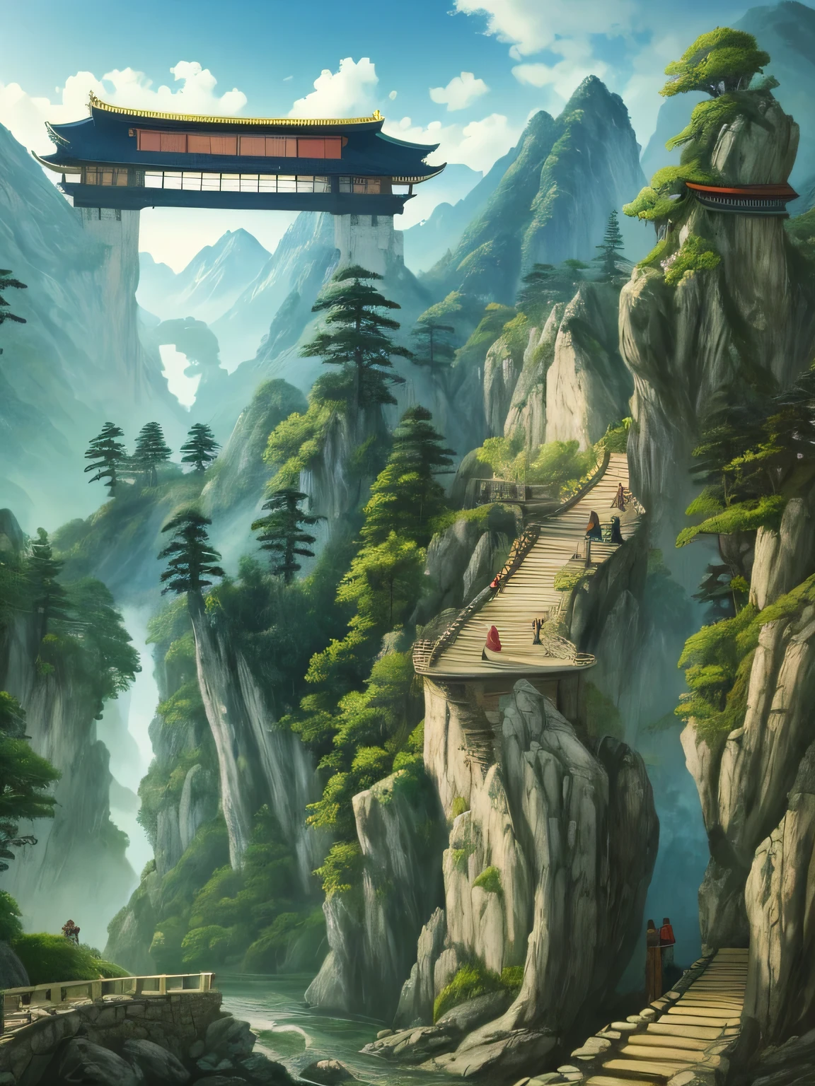 painting of a mountain scene with a river and a bridge, dojo on a mountain, inspired by Wu Hong, dnd setting!, inspired by sung choi, inspired by Chen Hong, inspired by Hong Ren, hoang long ly, inspired by Kim Hong-do, time to climb the mountain path, do hoang tuong artwork, inspired by Wen Tong