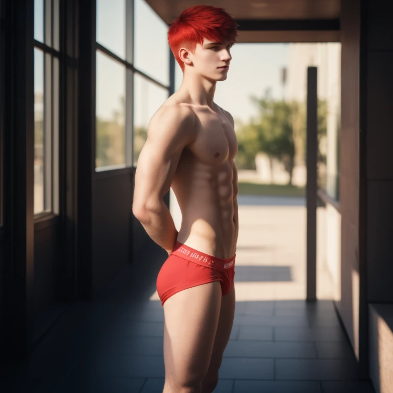 male posing, (skinny body), 16yomospheric, cute masculine square face, white red hair, dead inside, bokeh, background blur, chromatic aberration, tight boxerbriefs, veined body, full body view, front view, (side view)