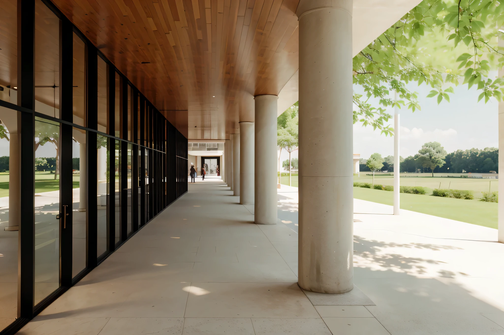 pessoas, cadeiras, there is a long walkway with columns and trees in the background, low angle dimetric rendering, digital renderinging, architectural rendering, detail rendering, architectural visualization, architectural rendering, award-winning rendering, highly photographic rendering, photographic rendering, a digital renderinging, digital rendering, detailed rendering, professional rendering, high detail rendering, artistic print, View at ground level