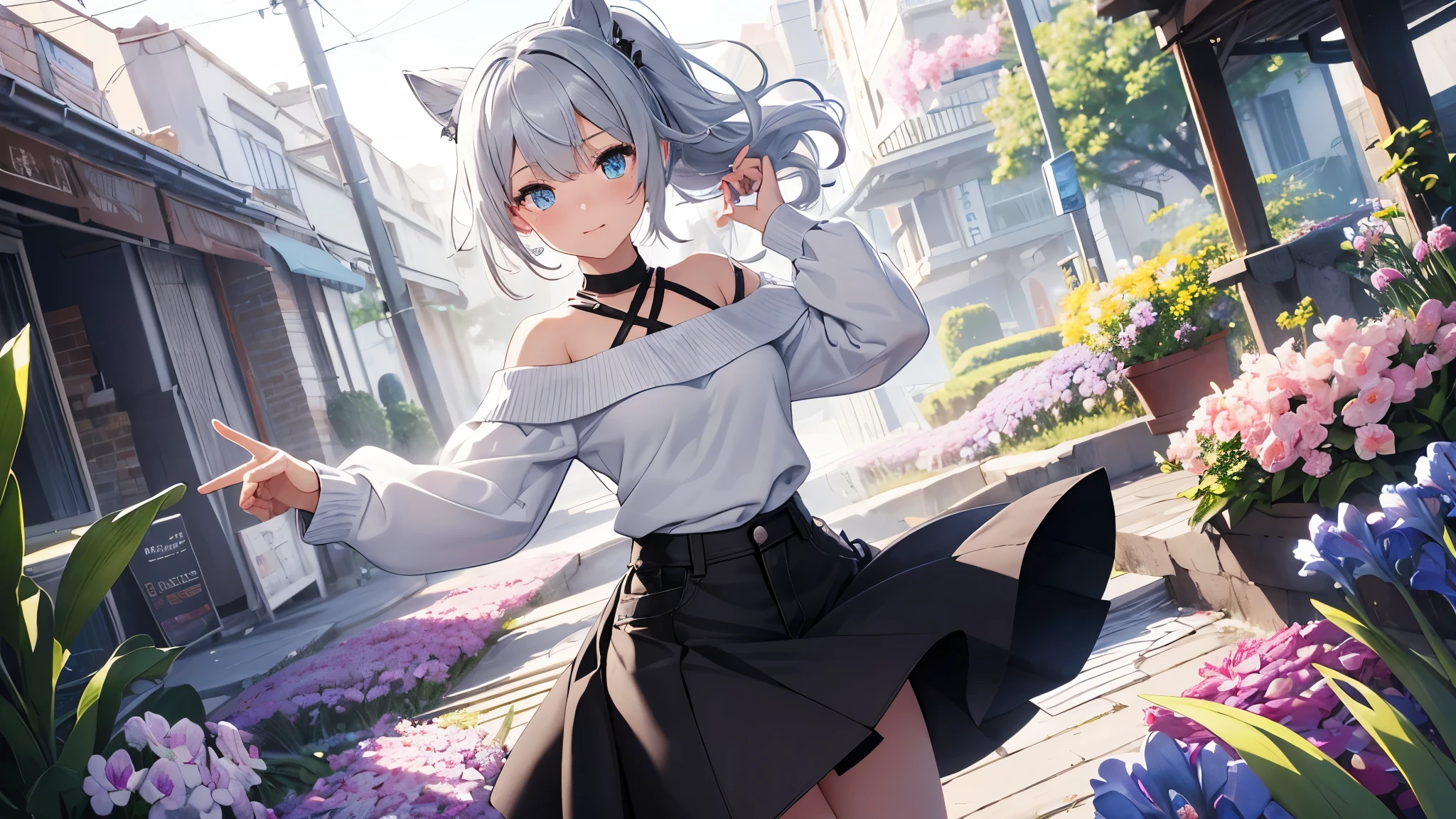 Best quality、photorealistic、super detail、delicate、orderly、high detail、bluish silver ponytail、(droopy iris of heterochromia,glowing eyes:1.4)、、、big smile、slender、full body、blurred background、(1 girl:1.2)、dynamic angle、game CG、(spring、petals dancing in the wind、flower garden、gray off shoulder sweatshirts、Black denim skirt、black short boots:1.3),ambient occlusion、ambient light、raytracing reflections、glow、shining hair、