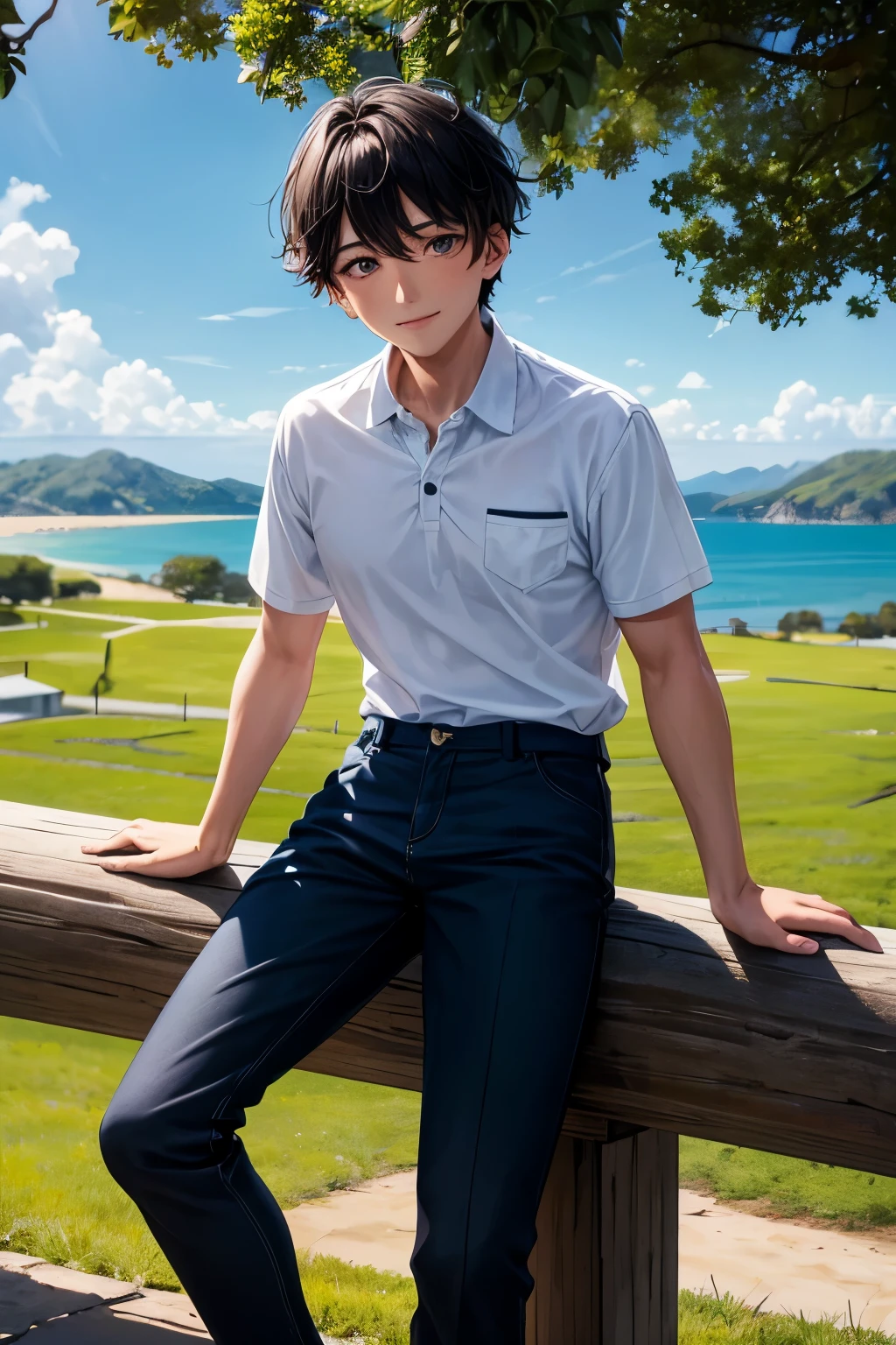 A young boy of 19 years, alto y delgado, con ojos bonitos que representen seriedad pero a la vez una mirada tranquila, que sus ojos sean color negro brillante, with a small but warm smile, con lentes para la vista, pelo corto color negro, con un peinado de lado derecho y presentable, su color de piel que no sea oscuro ni blanco, con una camisa estilo polo color verde, with semi-formal blue pants, con unas botas de vestir color negro, de fondo se vea un paisaje de la naturaleza que transmita tranquilidad