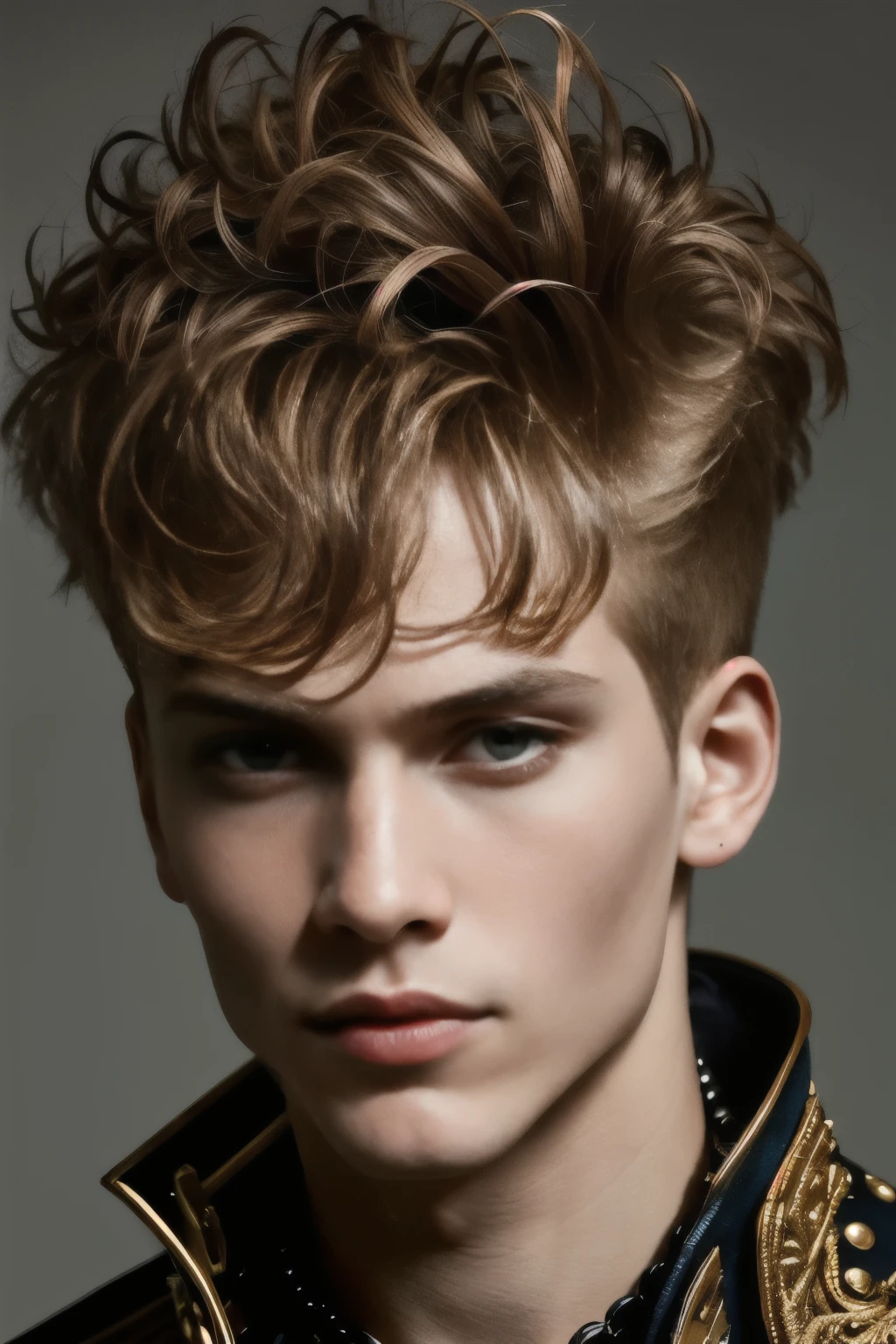 (papel de parede 8k extremamente detalhado), a medium photo of a young male model, olhos azuis, cabelo castanho, queixo forte, Medo, intricado, Alto detalhe, Dramatic, corpo em forma, que altura, Corpo todo, prince's aesthetic