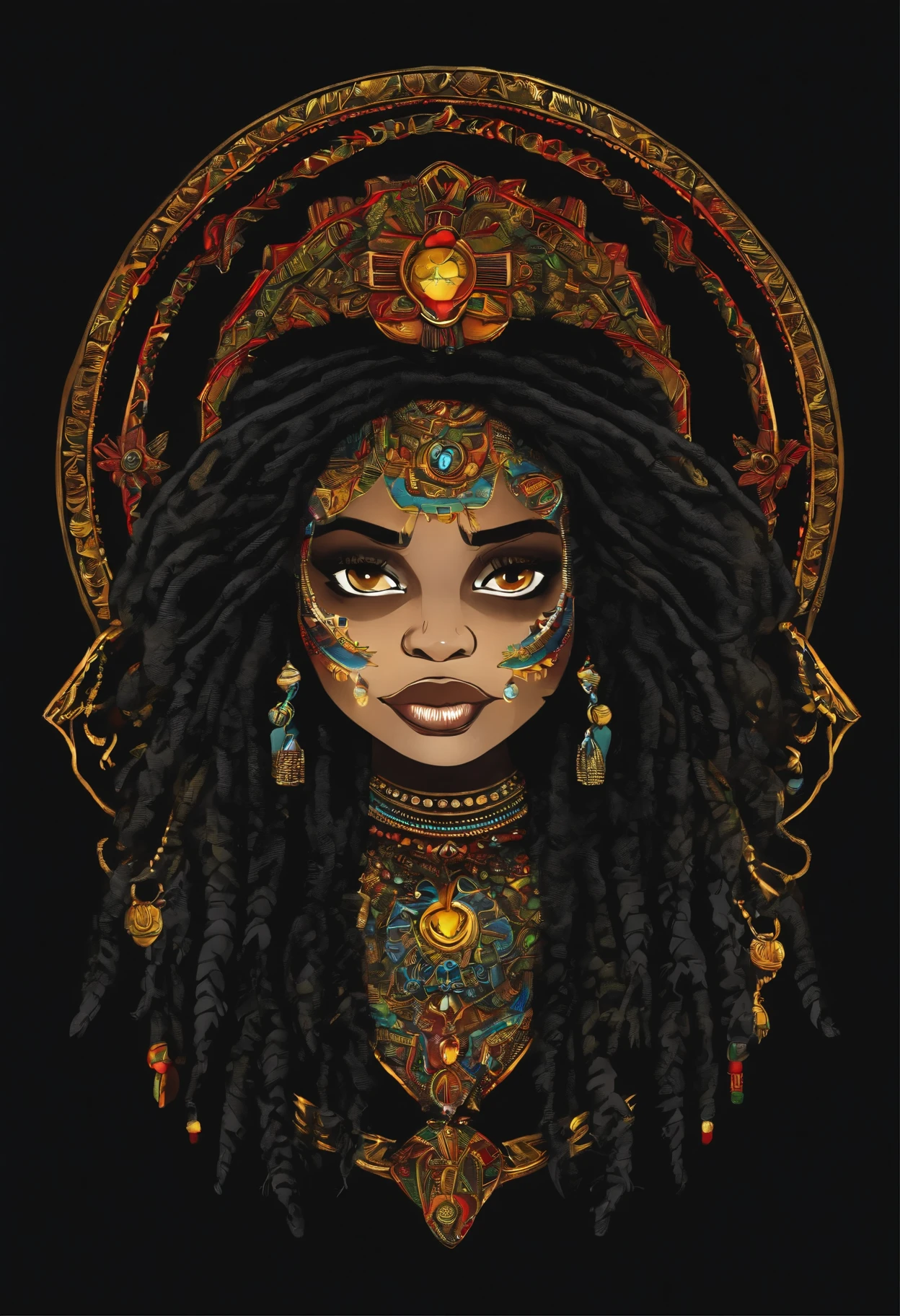 t-shirt art, 2D, ((black background :1, 5)), vector, vivid colors, chibi rasta outfit character, masterpiece, best quality, intricate details, perfect symmetrical face, realistic details, gothic theme, rim light, moonlight, cinematic shading, Greg Rutkowisk