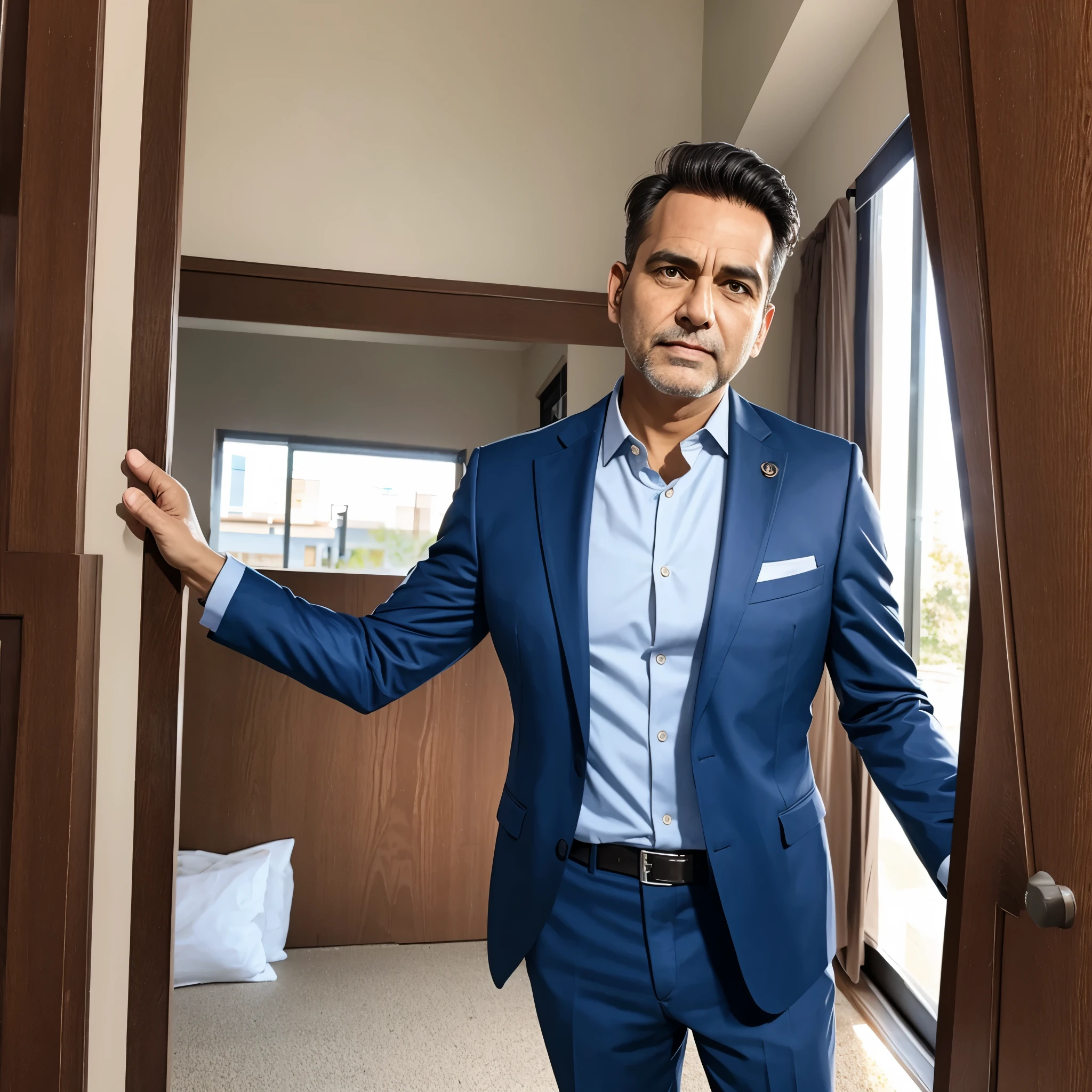 dpack, 8k, wearing fitted mens suit, hyper real clarity, full shot