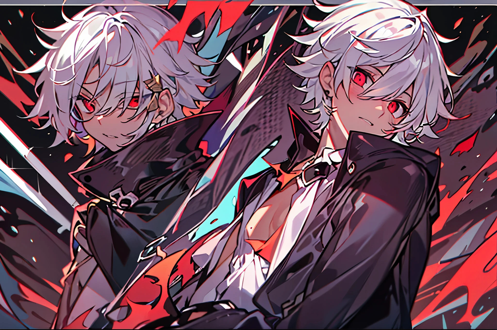 High resolution、close distance、one boy、(solo)、Anime boy with white hair and red eyes staring at the camera、glowing red eyes、slim、dressed in black、shadow body、colorful background、messy hair、Yamaro Yandere、diagonal angle