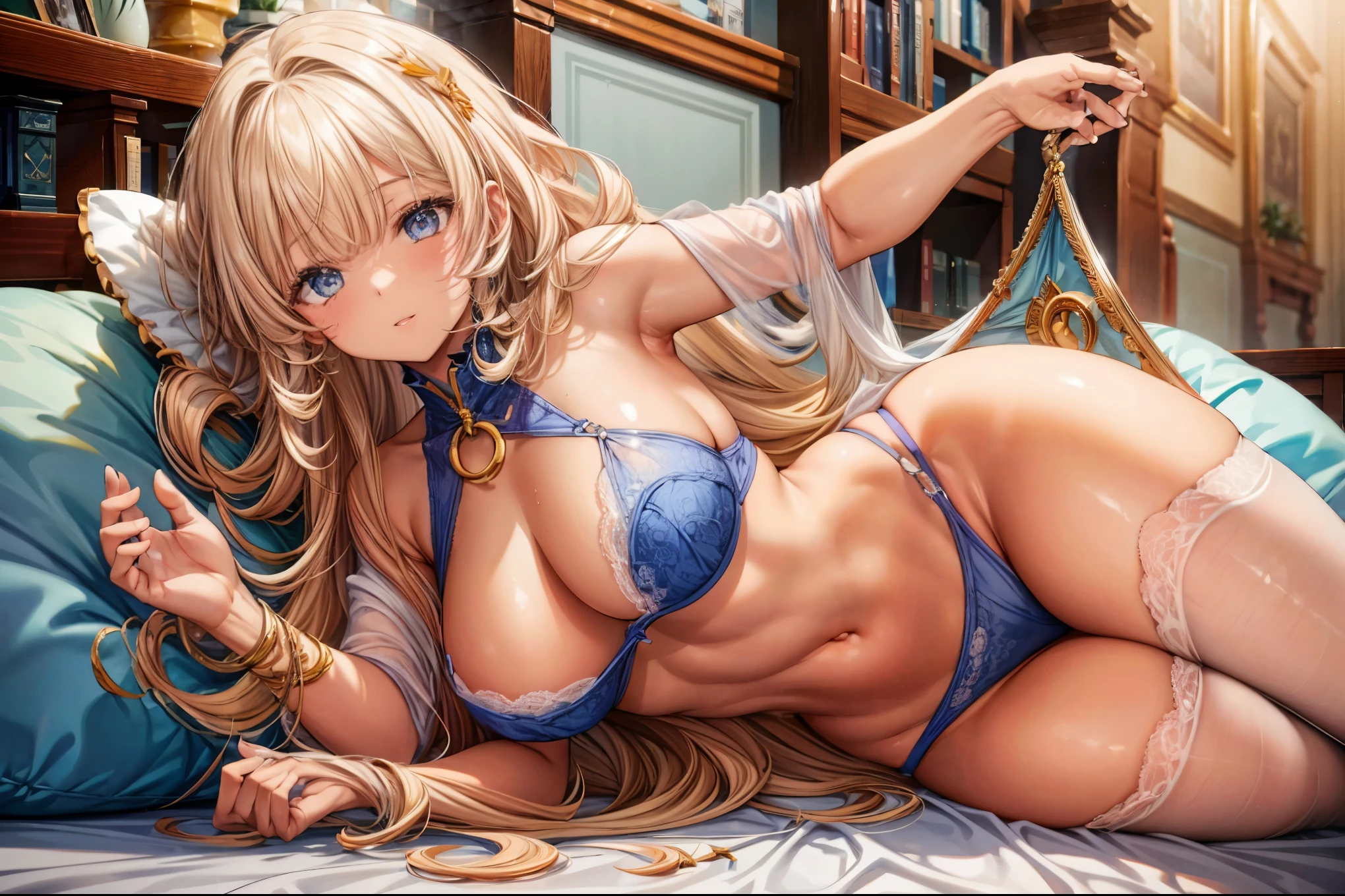 sensual, ((long blonde curly hair)), thick thighs, 8K, 4K, highest quality, High resolution:1.2), cute anime face, noise reduction, ((shining blue eyes, gentle smile, kind eyes))、toned abdominal muscles, muscular arms, muscular legs,  young face, anime eyes, (((big breasts、Breasts that are about to burst)))、(((whole body)))、wearing bondage lingerie、lie down on the bed