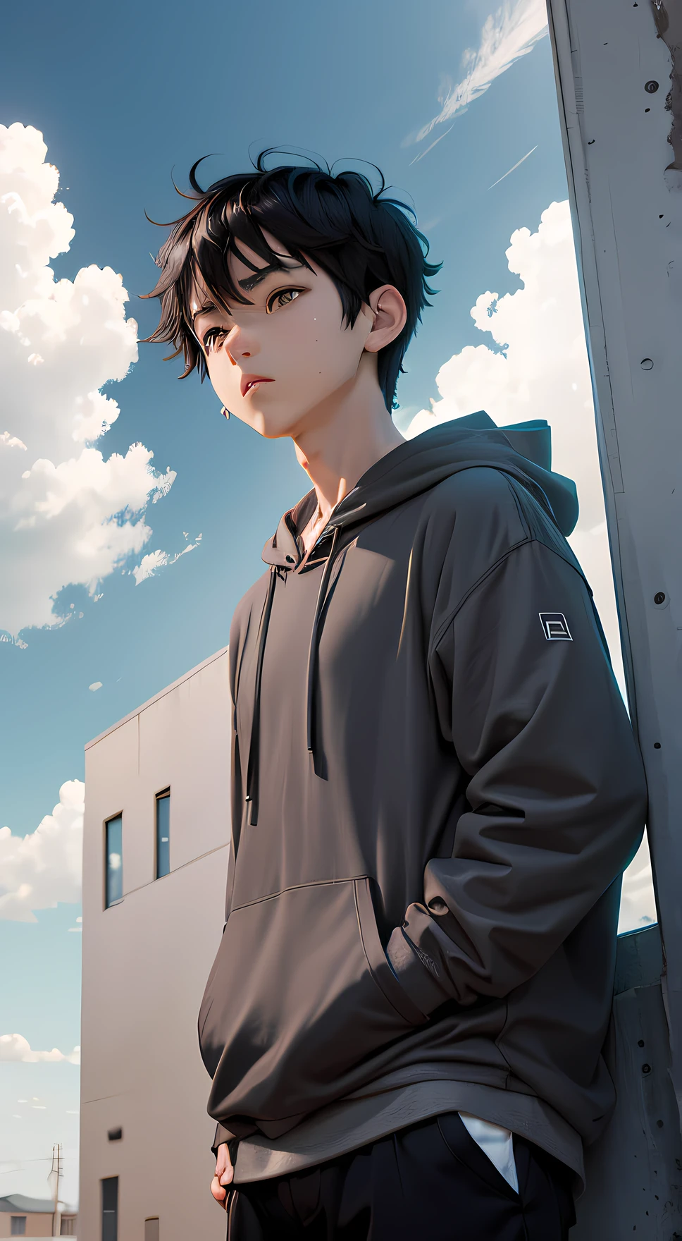 menino anime, 1 menino, cabelo preto, usar capuz cinza, looking at the sky, Clouded sky, tarde, lo-fi, camera from below