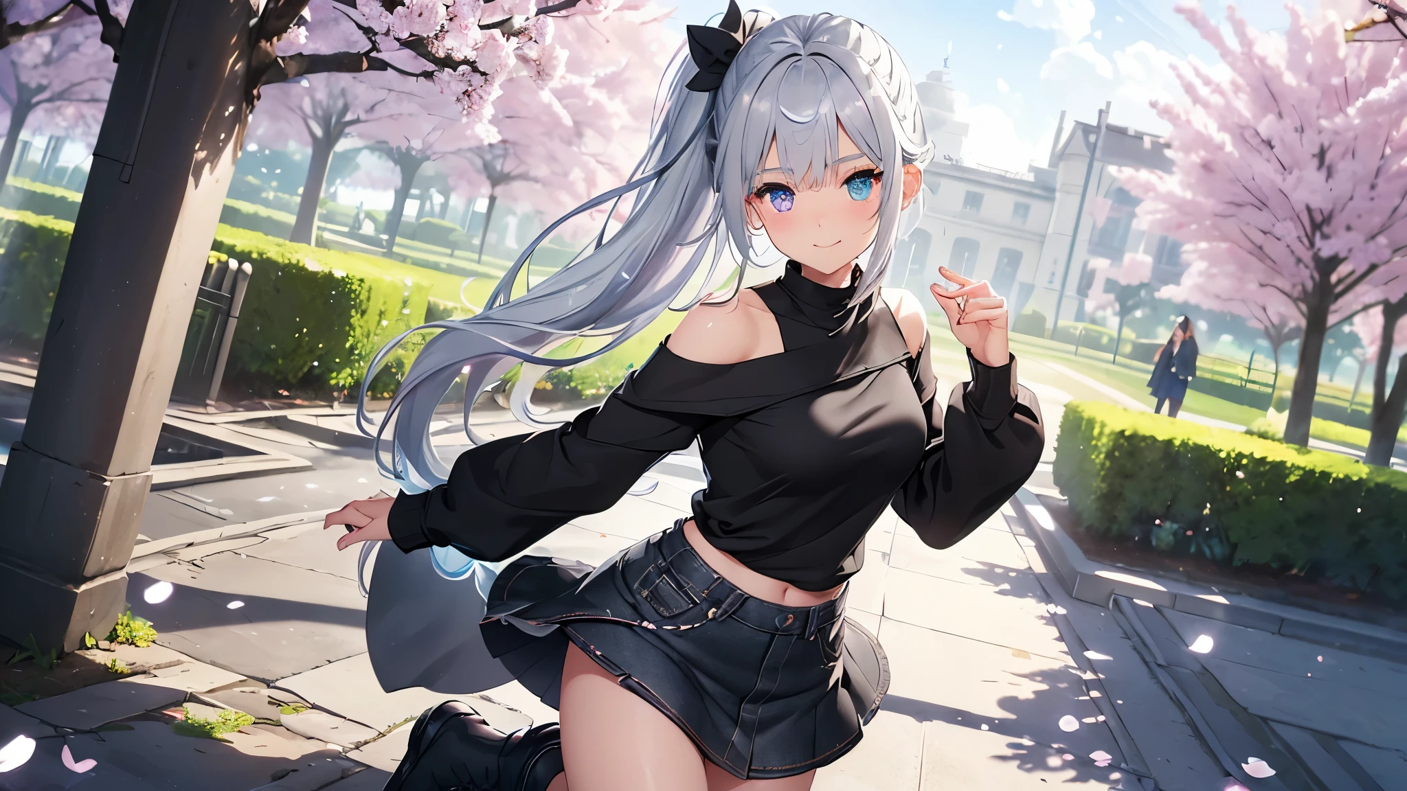 Best quality、photorealistic、super detail、delicate、orderly、high detail、bluish silver ponytail、(droopy iris of heterochromia,glowing eyes:1.4)、、、big smile、slender、full body、blurred background、(1 girl:1.2)、dynamic angle、game CG、(spring、petals dancing in the wind、flower garden、gray off shoulder sweatshirts、Black denim skirt、black short boots:1.3),ambient occlusion、ambient light、raytracing reflections、glow、shining hair、