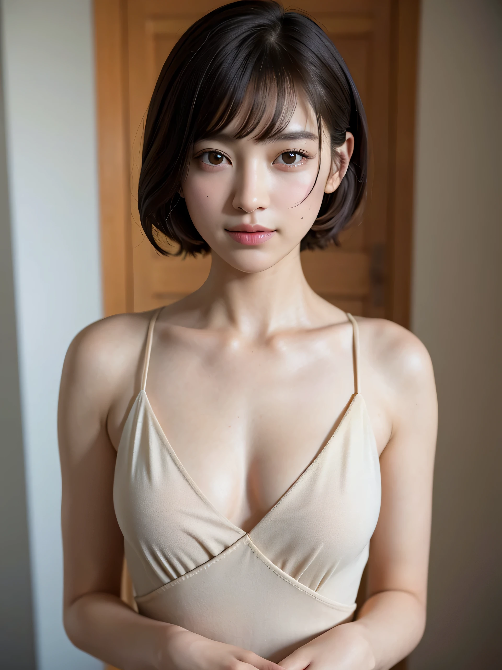 masterpiece, highest quality, RAW photo, 8k, 1 girl, Fine and beautiful skin, Backlight, soft light, shy, embarrassing, luminescent, look away, anatomically correct, short hair, bangs, Eye and face details, rough skin, professional photography, Bokeh, portrait, professional lighting, alone, smile, cute, Girly, film grain, dress shirt,