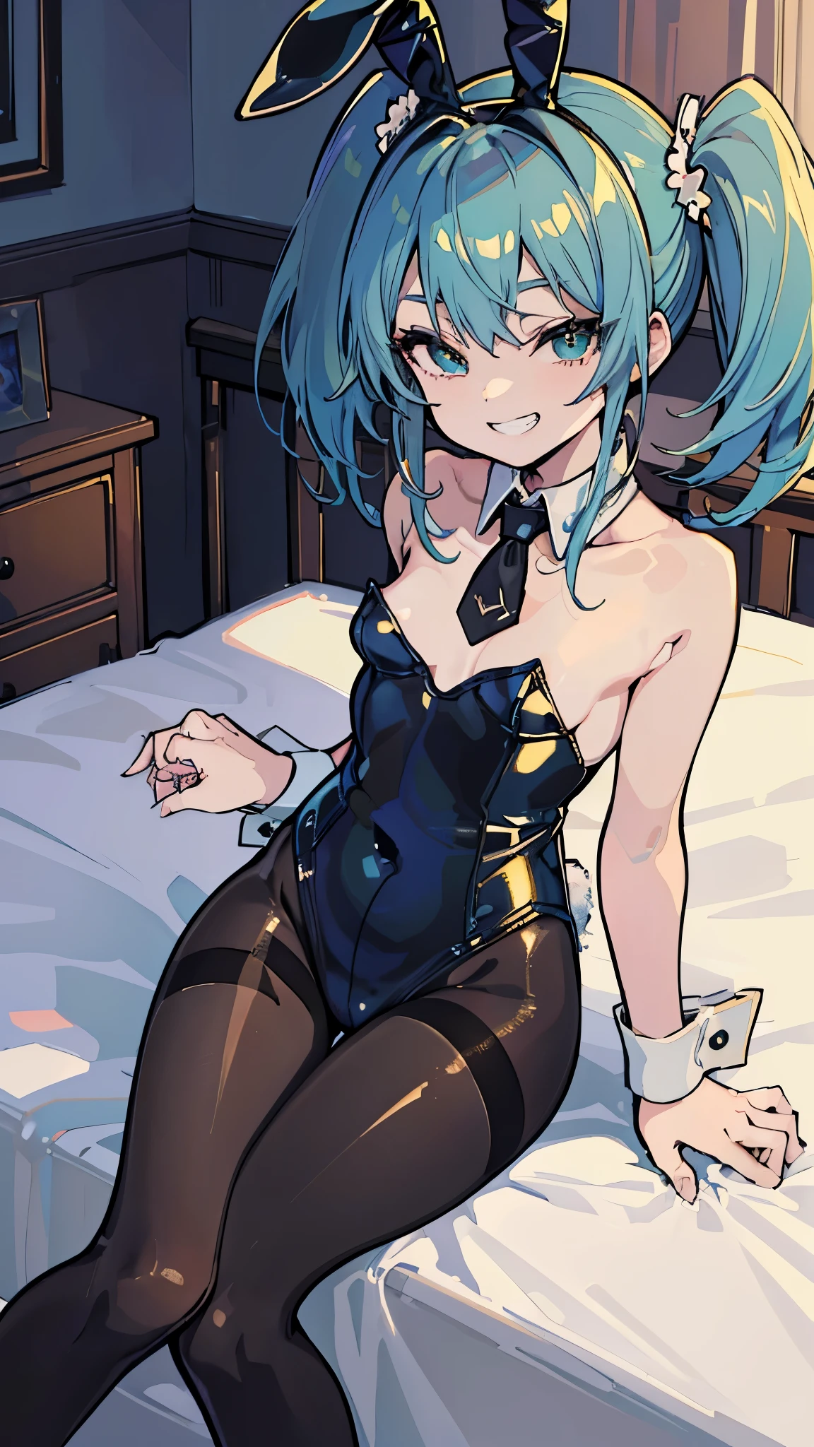 (masterpiece、highest quality、Super detailed)、((detailed face))、1 、blue green髪、twintails、blue green目、evil smile、((grin))、small breasts、((black playboy bunny))、shiny、((black pantyhose))、cowboy shot、sit on bed、bedroom background