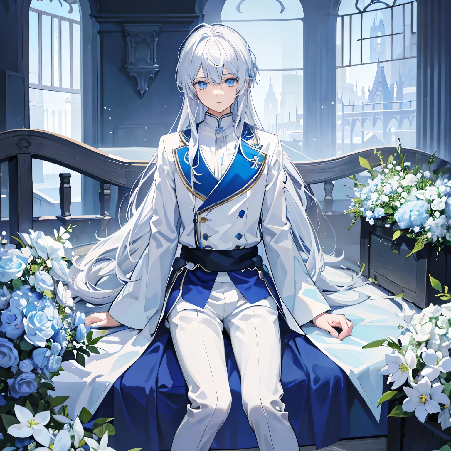 master piece，best quality，one boy、solo，white hair、long hair、light blue eyes、ice，Blue short pants，Prince，noble appearance，indifference，There was a hint of sadness in his eyes，luxurious、Based on castle and light blue、many white flowers on the ground