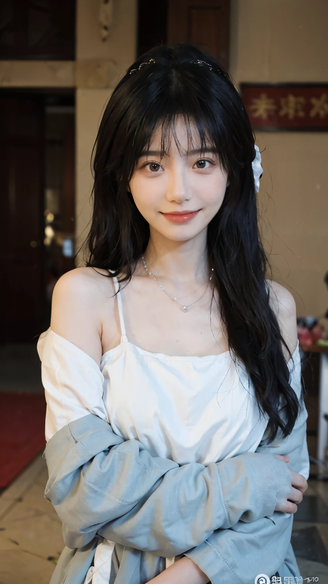best quality， ultra high resolution， （realistically：1.4），cute hairpin，Baoyu Girl，Standing in the wedding hall，A pair of clear and charming peach blossom eyes,Royal sister，The sun shines on the face，Big wavy hairstyle，（necklace：1.2），（White skin：1.4），a sense of atmosphere，a beautiful girl，sweet smile，Looking directly at the viewer ，(lifelike:1.4),1 girl,Sexy,(Upper body:1.4),(wet),(:1.2)