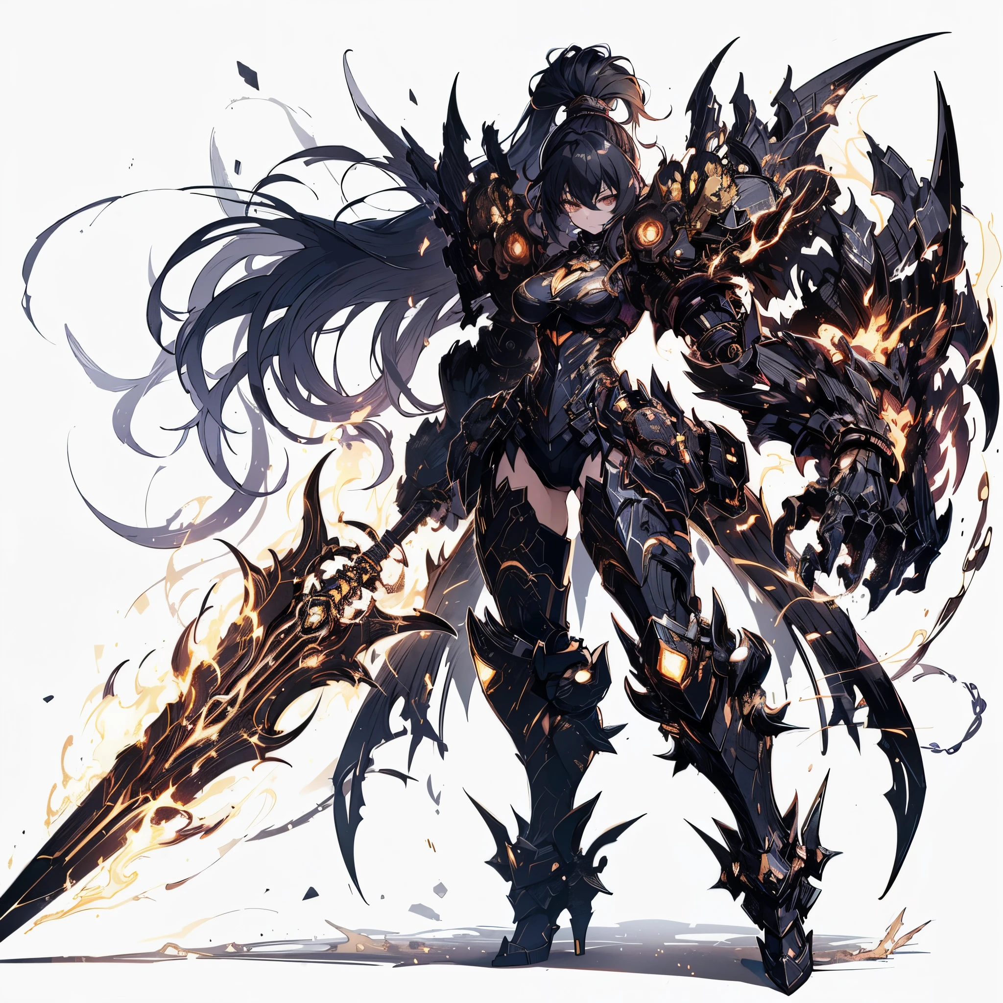 Masterpiece, best quality, ultra-detailed, anime style, solo, full body of cyberpunk knight girl, blackened burnished power armor with gold trim, black one top knot hairstyle, left hand held huge sword and light hand as GIANT HUGE claw, wearing raised boots, supernatural Lightning and flame, 8k high resolution, trending art station, white background, whole body,
