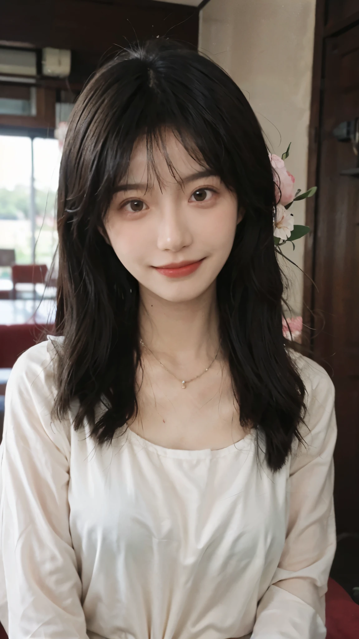 best quality， ultra high resolution， （realistically：1.4），cute hairpin，Baoyu Girl，Standing in the wedding hall，A pair of clear and charming peach blossom eyes,Royal sister，The sun shines on the face，Big wavy hairstyle，（necklace：1.2），（White skin：1.4），a sense of atmosphere，a beautiful girl，sweet smile，Looking directly at the viewer ，(lifelike:1.4),1 girl,Sexy,(Upper body:1.4),(wet),(:1.2)
