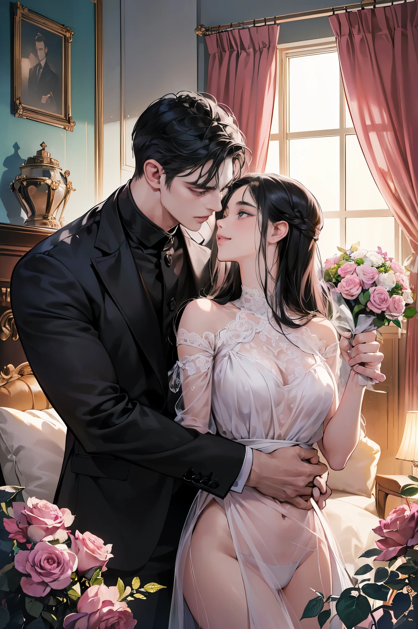 (table top, digital art, digital illustration, 4K, 8 thousand, very detailed, beautiful pictures, clear image, realistic, RAW photos, perfect face, perfect line, perfect eyes, soft lighting) 1 woman, (long black hair, straight hair, an optimistic outlook, beauty, wow, mode system, one piece, solid makeup, 23 year old girl,:1.3), Two handsome men in suits, (human, Man in a suit, muscular, Shoulder width is solid., adult male, boyish hairstyle, british gentleman style, A man in his 30s with a cool expression, A 28-year-old man with a bright smile:1.2), classic style furniture, antique clamps, antique chair, chandelier, Crystal glass, Luxury, Fantastic light, marble fireplace, (embarrassing from, shy smile, bouquet of pink roses:1.2), antique sofa, leather sofa, Crying face, cry out of frustration, beautiful tears、the kiss、kiss、couple、couple kiss ing、romance、sex、have sexual intercourse、wet pubic area、insert 、rape、flood、Full-body painting, (one girl and one man, Having sex:1.5), (human, adult male, girl rubbing'of :1.2), cheek dye、panting face、embarrassing、boredom、begging、unhappy、greedy expression, wet pubic area、 insert、open your crotch wide、cowgirl、fluttering、wet shirt、sheer black lace underwear、Take off your underwear、