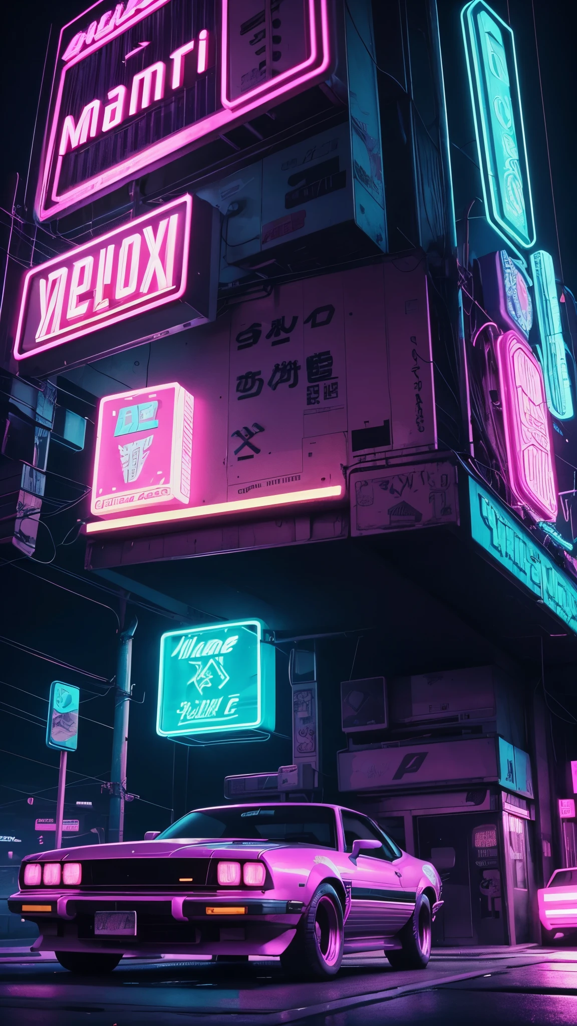 a close up of a car parked in front of a neon sign, cyberpunk art inspired by Mike Winkelmann, trending on Artstation, fantastic realism, art deco outrun anime aesthestic, synthwave neon retrofuturism, vaporwave mansion, miami synthwave, cyberpunk vaporwave, synthwave aesthetic, epic retrowave art, 80s style synthwave