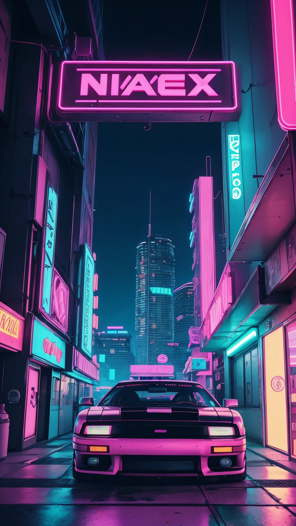 a close up of a car parked in front of a neon sign, cyberpunk art inspired by Mike Winkelmann, trending on Artstation, fantastic realism, art deco outrun anime aesthestic, synthwave neon retrofuturism, vaporwave mansion, miami synthwave, cyberpunk vaporwave, synthwave aesthetic, epic retrowave art, 80s style synthwave